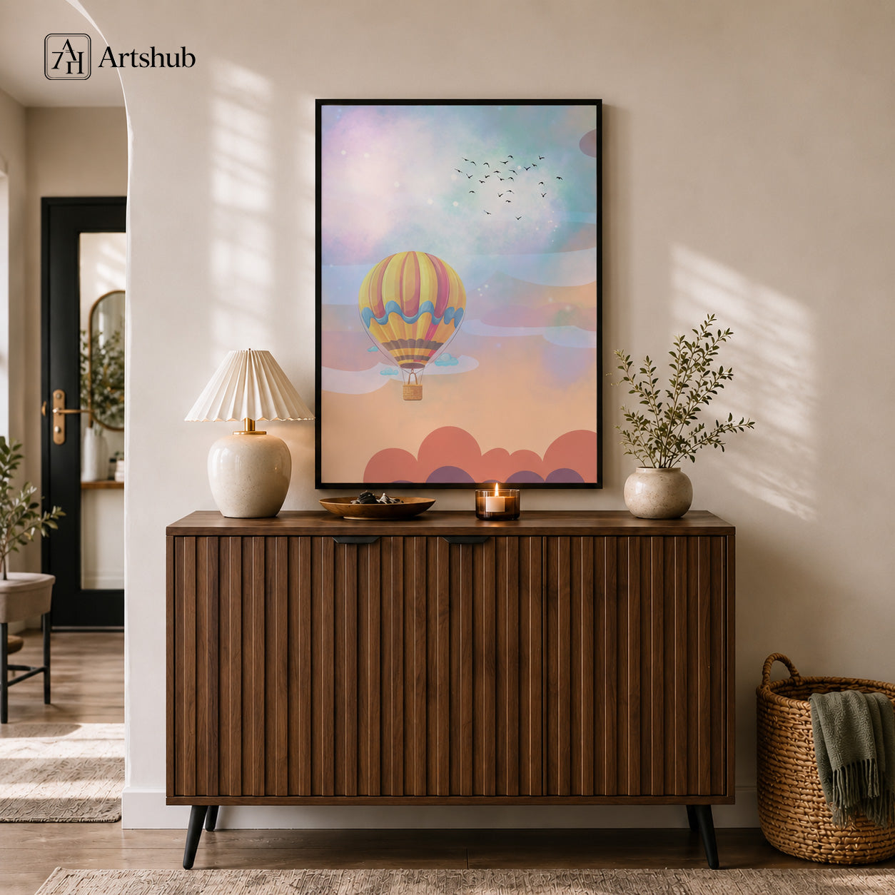 Artshub Dream Beyond the Horizon Hot Air Balloon Peach Lavender Teal Sky Coral Cloud framed canvas product detail sheet — front view 45 degree close-up balloon stripe texture teal wave skirt side thickness material detail matte black frame