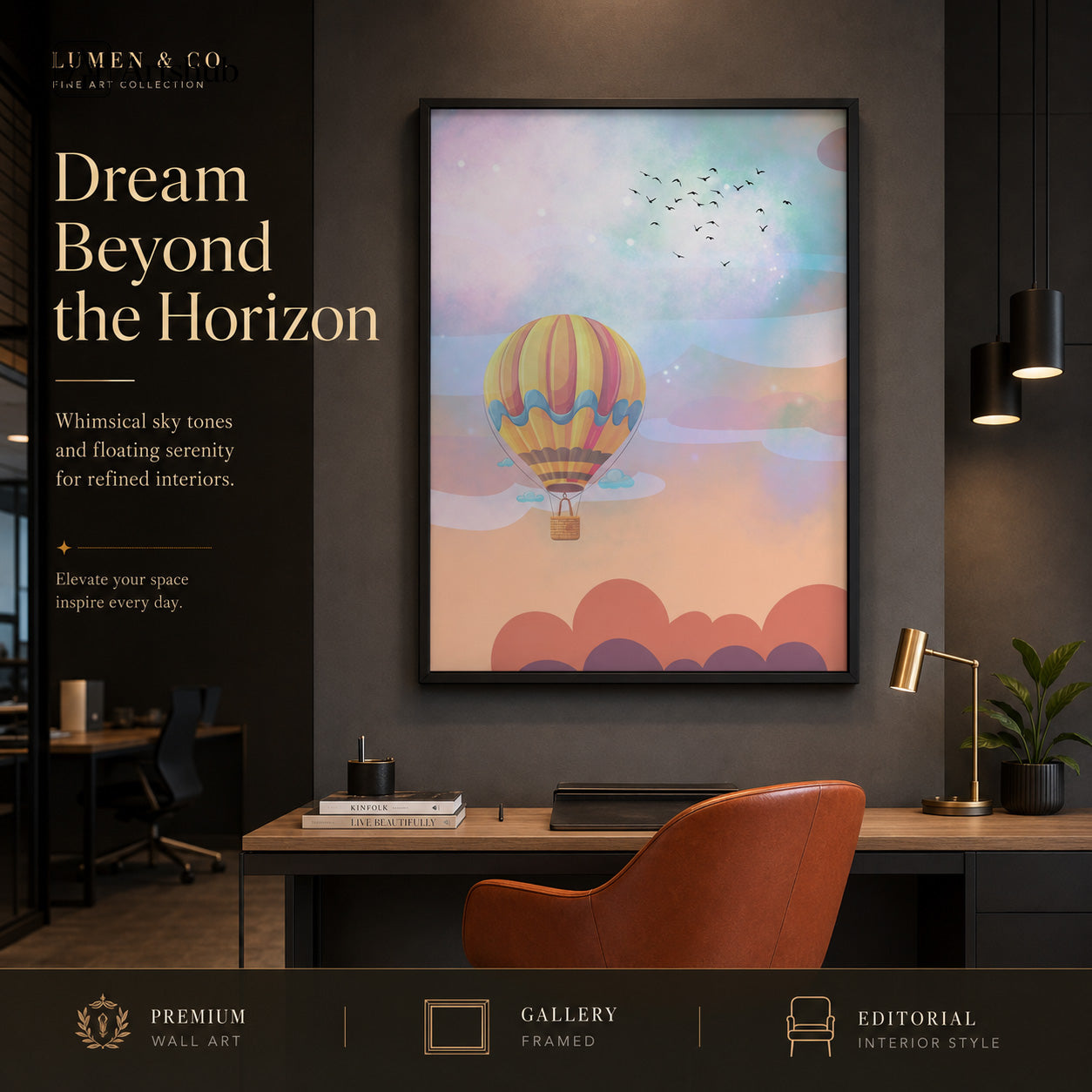 Artshub Dream Beyond the Horizon Hot Air Balloon Peach Lavender Teal Sky Coral Cloud single panel framed canvas wall art leaning on warm cream wall on oak floor in Japandi living room with large marble vase pampas grass olive tree grey sofa natural window light — peach lavender teal matte black frame