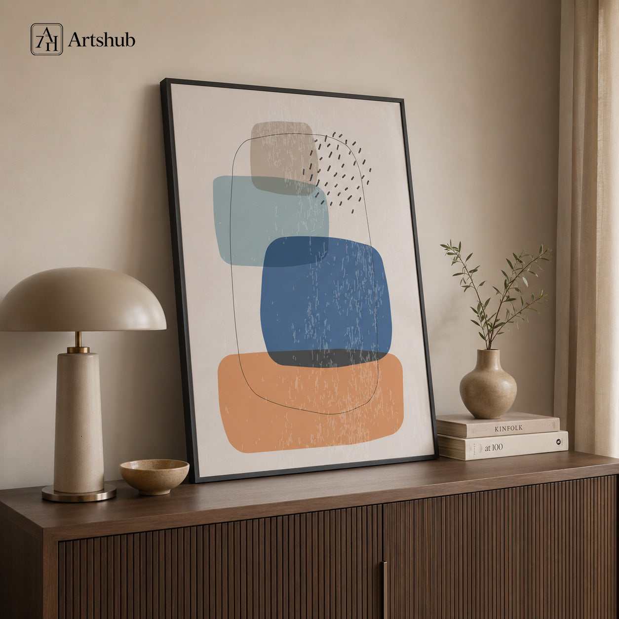 Artshub Composed Harmony Sand Beige Teal Cobalt Blue Amber Abstract Stacked Forms framed canvas product detail sheet — front view 45 degree close-up cobalt blue vertical line texture amber grain side thickness material detail matte black frame