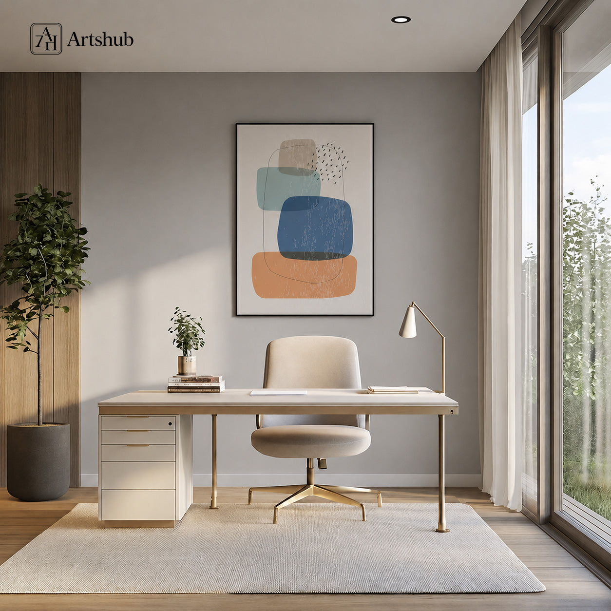 Artshub Composed Harmony Sand Beige Teal Cobalt Blue Amber Abstract Stacked Forms single panel framed canvas wall art above cream desk in light grey modern home office with cream chair brass desk lamp fiddle leaf fig plant floor-to-ceiling window natural light — cobalt blue teal amber matte black frame
