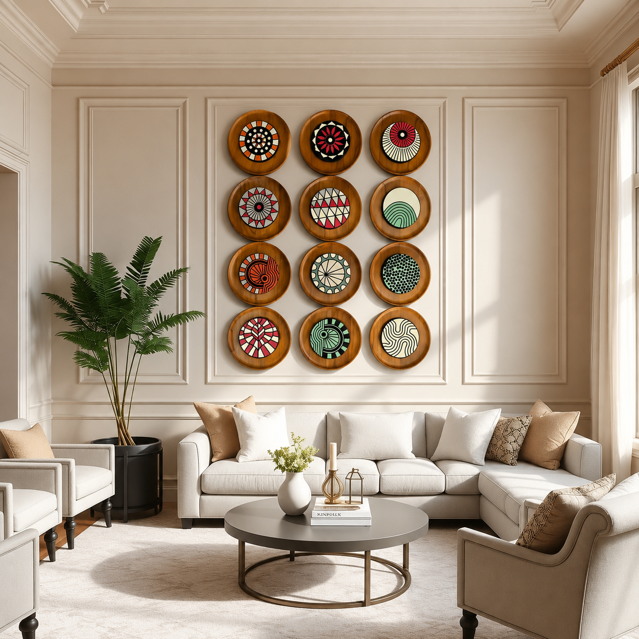 Artshub Wood Mandala Plates 12-panel handcrafted wooden round wall art set – twelve unique geometric and floral mandala motifs in crimson, pink, teal, black and ivory in natural teak wood rims displayed on a cream wall with dried flower arrangement