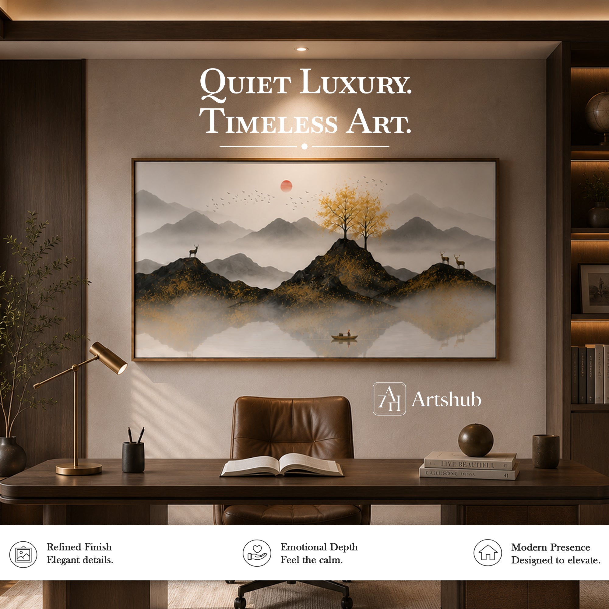Dreamflow II by Artshub | Premium Framed Misty Mountain & Deer Landscape Wall Art