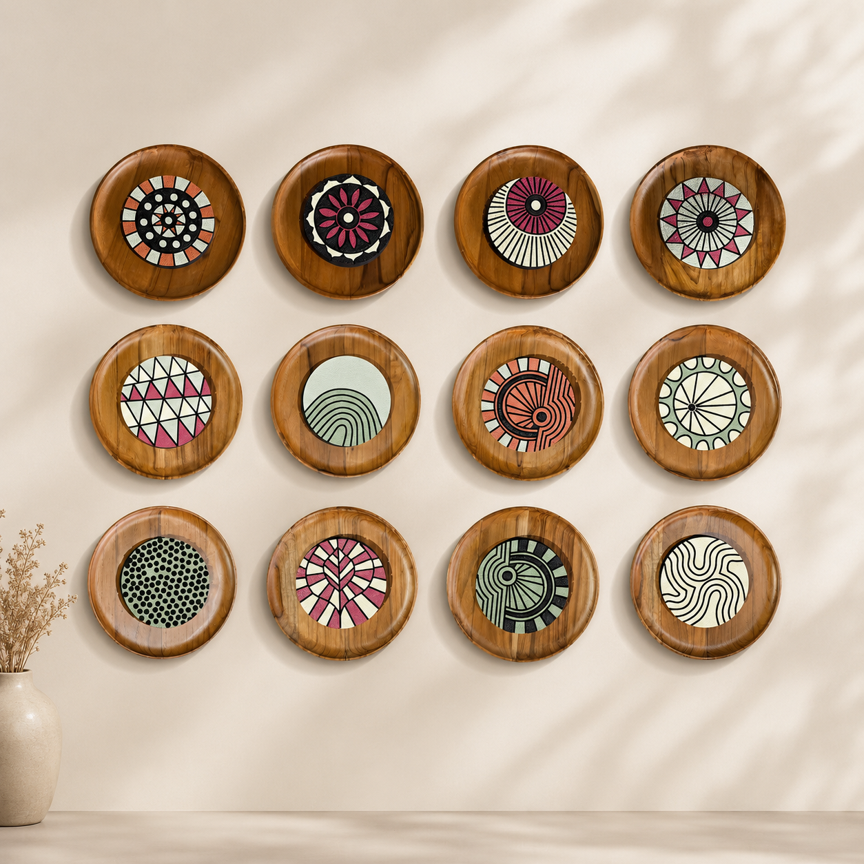 Artshub Wood Mandala Plates 12-panel handcrafted wooden round wall art set displayed in a 4x3 grid on a white wall with natural light and olive tree in grey pot – organic warmth artisan soul