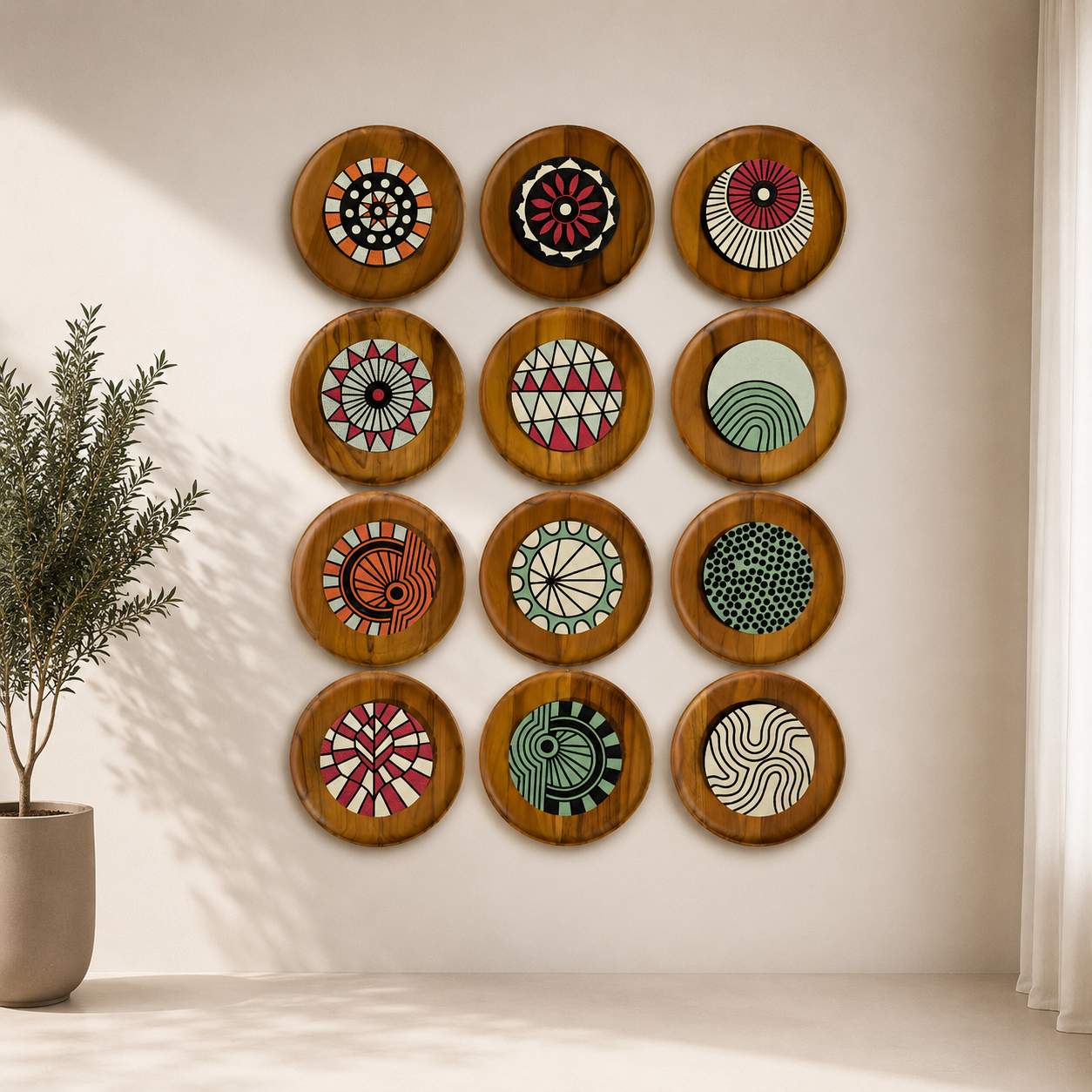 Artshub Wood Mandala Plates product detail sheet – front view 10x10 inch, 45 degree view, close-up texture showing hand-painted surface, side thickness 0.75 inch, material detail showing natural teak wood rim and built-in metal hanging bracket on reverse