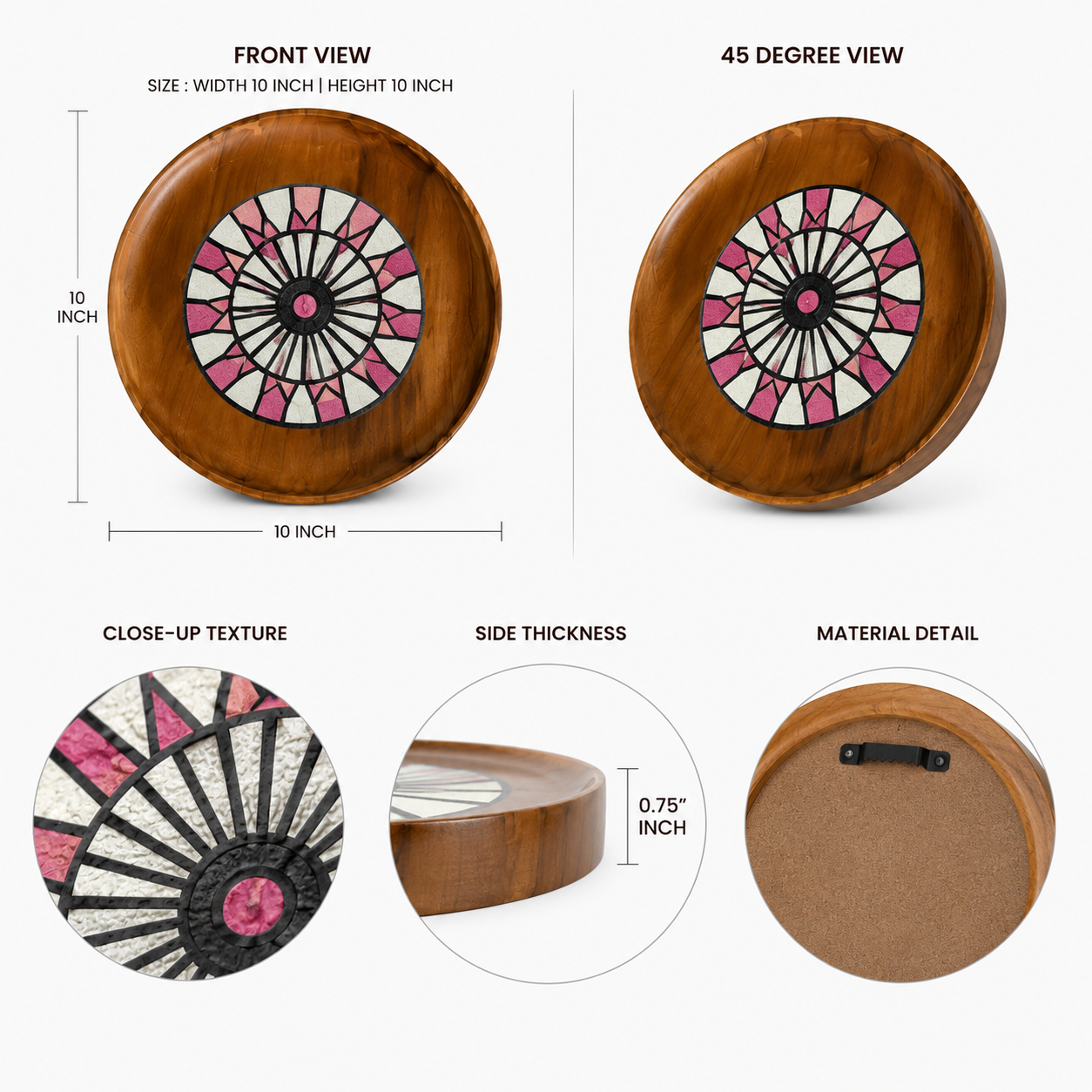 Artshub Wood Mandala Plates 12-panel handcrafted wooden round wall art set displayed in a 4x3 grid above a cream sectional sofa in a bright luxury living room with palm plant and round coffee table – organic handcrafted rooted in artisan tradition