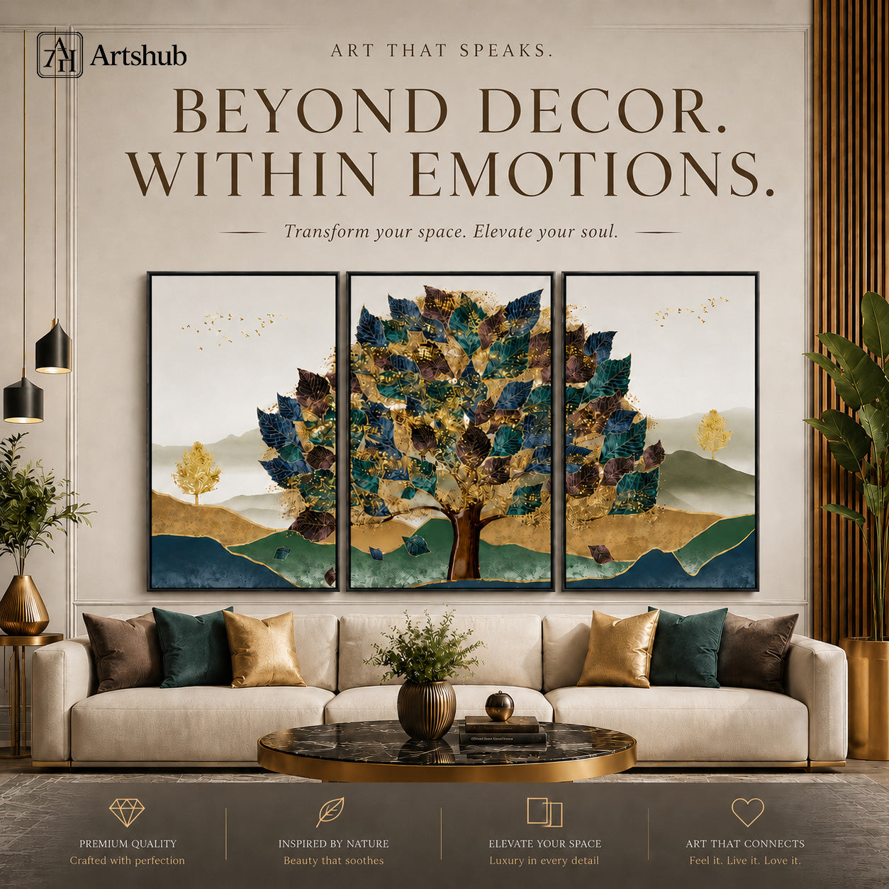 Artshub Golden Canopy – Beyond Decor Within Emotions Art That Speaks editorial banner – 3-panel triptych canvas wall art above cream luxury sofa with teal and gold cushions, round marble and gold coffee table with decorative objects, gold vase with plant, pendant lights – Premium Quality, Inspired by Nature, Elevate Your Space, Art That Connects