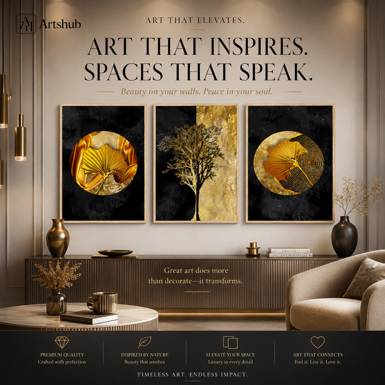 Artshub Golden Orbit – Art That Inspires Spaces That Speak editorial banner – 3-panel triptych gold and black canvas wall art above dark fluted sideboard with gold vases, bronze mug, books and cream armchair in warm luxury living room with pendant lights – Premium Quality, Inspired by Nature, Elevate Your Space, Art That Connects – Timeless Art Endless Impact