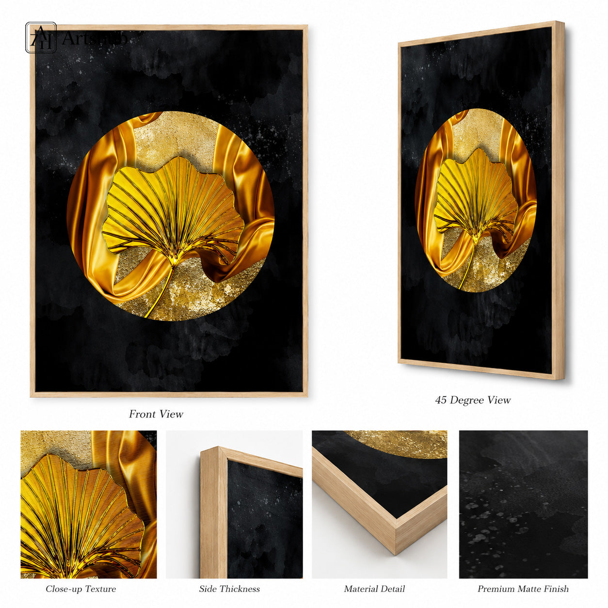 Artshub Golden Orbit product detail sheet – front view of single panel showing golden silk ginkgo leaf on glowing gold circle on deep black background in natural wood floater frame, 45 degree view showing frame depth, close-up texture of golden ginkgo leaf veins and silk folds, side thickness view, material detail showing premium matte finish on deep black canvas