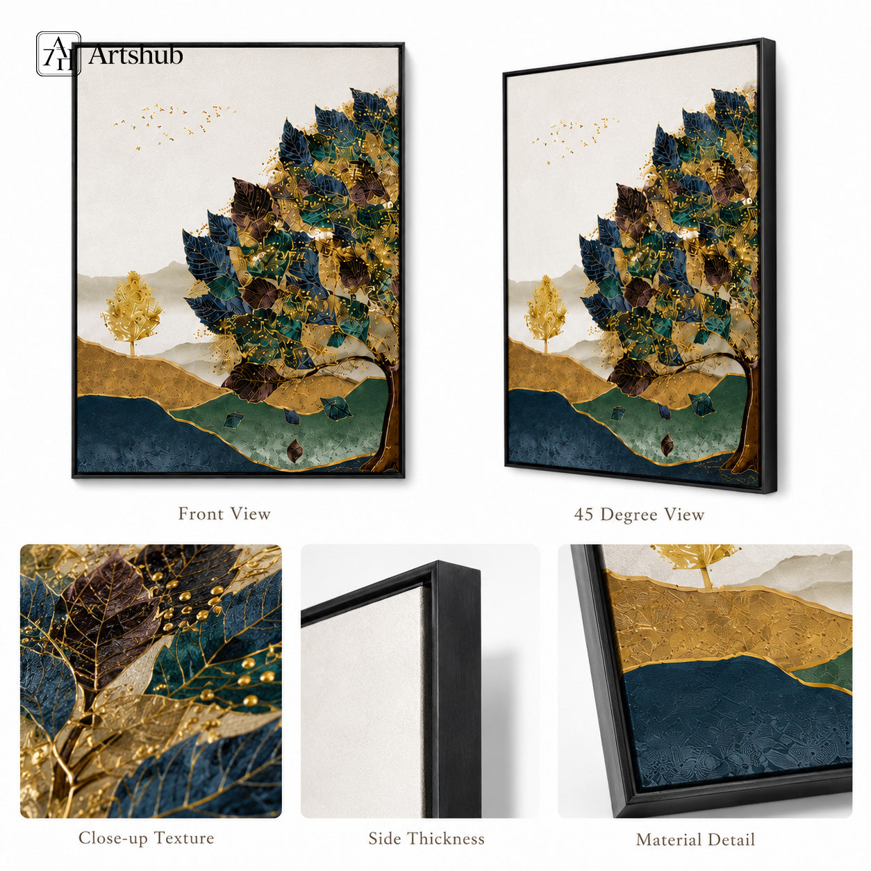 Artshub Golden Canopy product detail sheet – front view of single panel showing majestic tree with teal and gold leaves on misty mountain landscape, 45 degree view showing black floater frame depth, close-up texture of teal navy and gold layered leaves with gold dot detail, side thickness view, material detail showing textured canvas surface and golden earth landscape