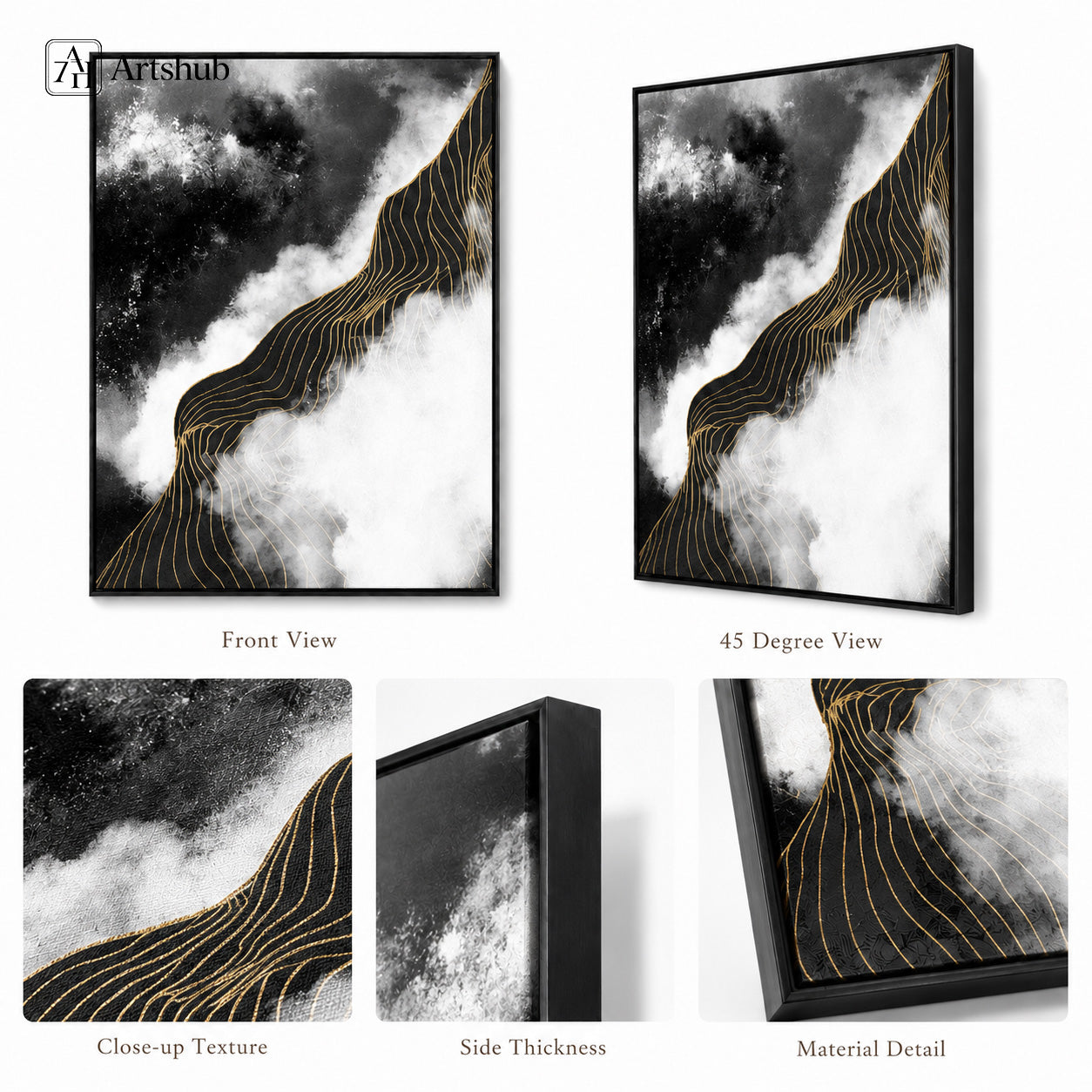 Artshub Obsidian Flow product detail sheet – front view of single panel showing bold abstract black and white cloud formations with flowing golden contour lines, 45 degree view showing black floater frame depth, close-up texture of charcoal black and gold contour line detail, side thickness view, material detail showing textured canvas surface and premium black floater frame