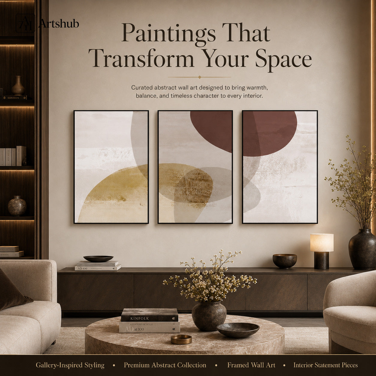Artshub Terra Drift – Paintings That Transform Your Space editorial banner – 3-panel triptych abstract canvas wall art on warm beige wall above dark fluted sideboard with black vase, bronze bowl and books, round marble coffee table with black vase and books, cream armchairs – Gallery-Inspired Styling, Premium Abstract Collection, Framed Wall Art, Interior Statement Pieces
