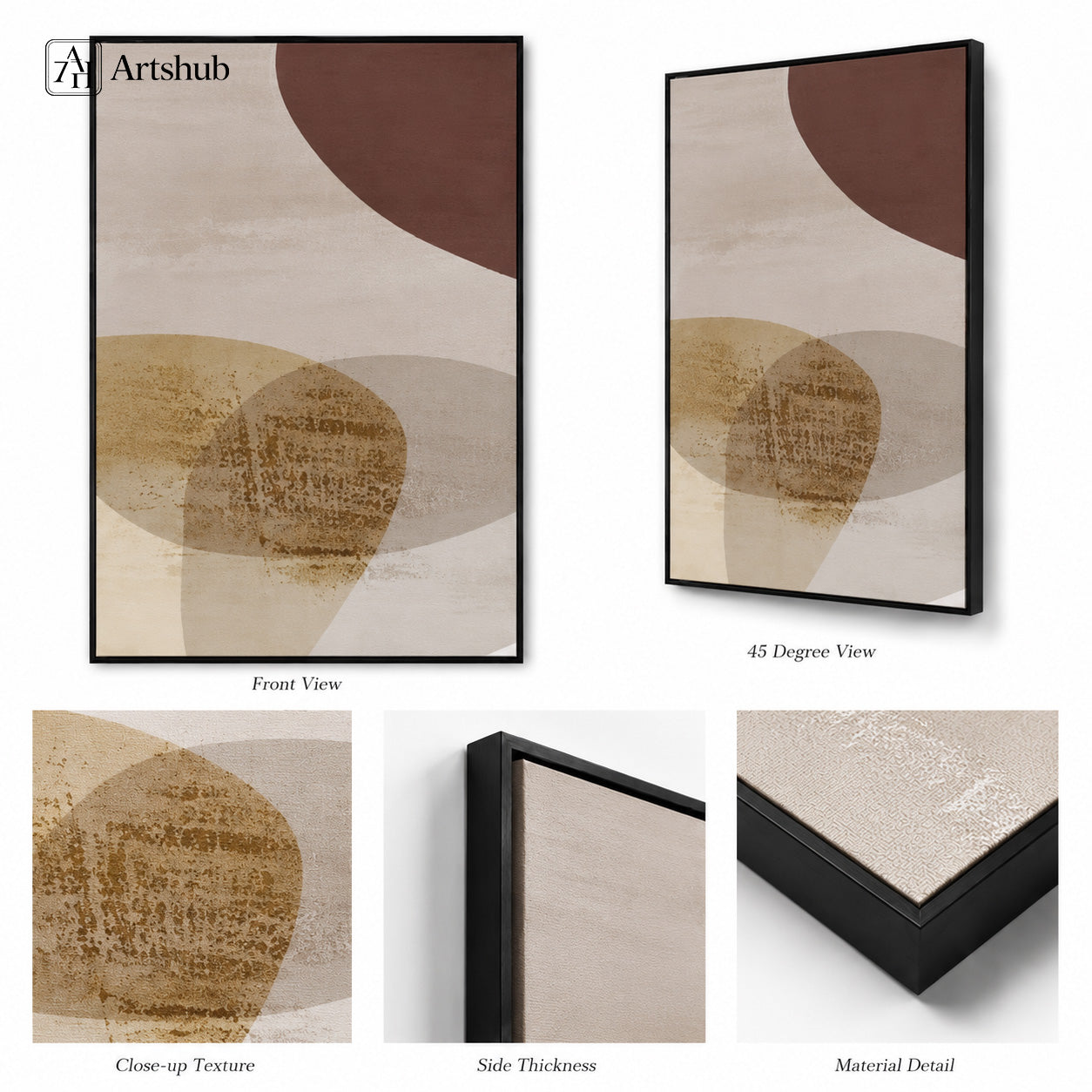Artshub Terra Drift product detail sheet – front view of single panel showing overlapping abstract circles in deep terracotta brown, muted gold with woven linen texture and soft translucent beige on warm cream background in black floater frame, 45 degree view showing frame depth, close-up texture of muted gold linen-effect circle, side thickness view, material detail showing textured linen-effect canvas surface and black floater frame