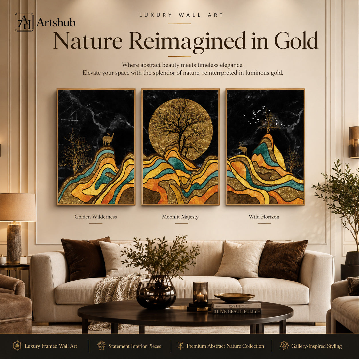 Artshub Nature Reimagined in Gold luxury wall art editorial banner — Golden Wilderness Moonlit Majesty Wild Horizon triptych set