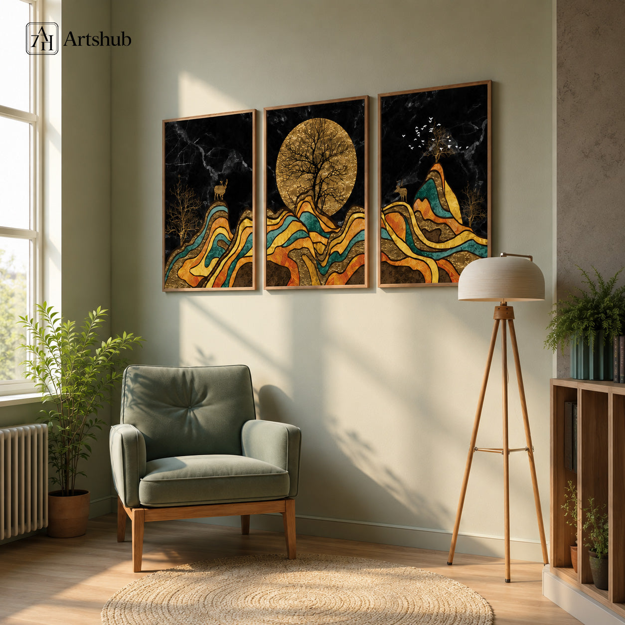 Artshub Golden Wilderness Moonlit Majesty triptych 3 panel framed canvas wall art in gold black teal displayed in modern living room
