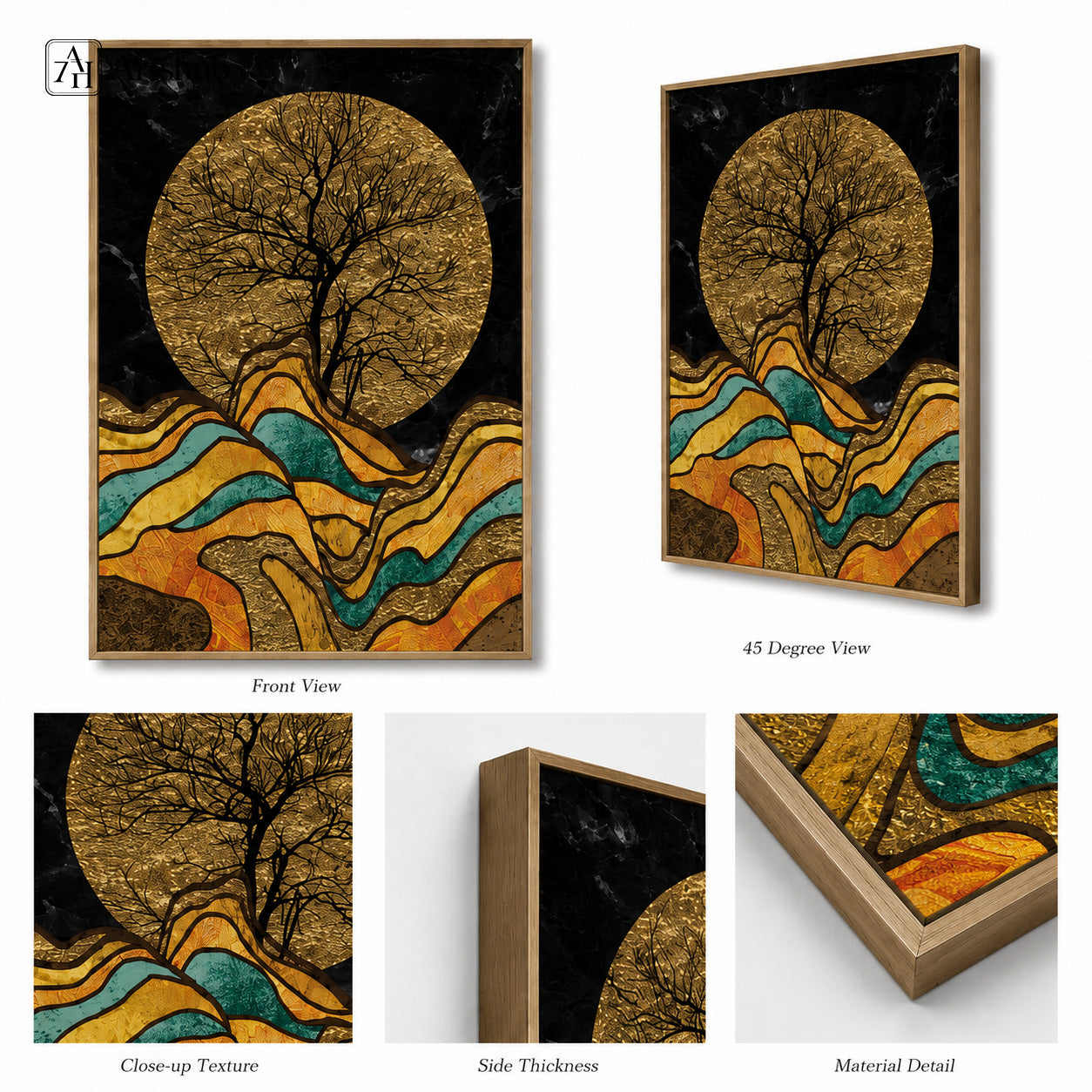 Artshub Moonlit Majesty framed canvas front view 45 degree angle close-up texture and material detail gold moon tree black marble