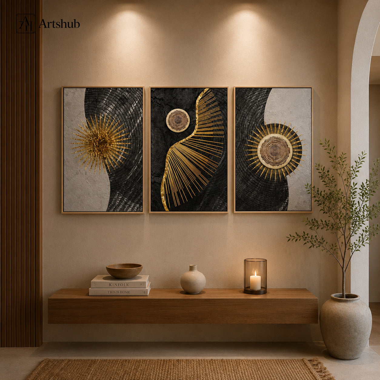 Artshub Golden Sunburst Mosaic framed canvas front view and 45 degree angle with close-up texture side thickness and material detail — gold sunburst black mosaic ivory