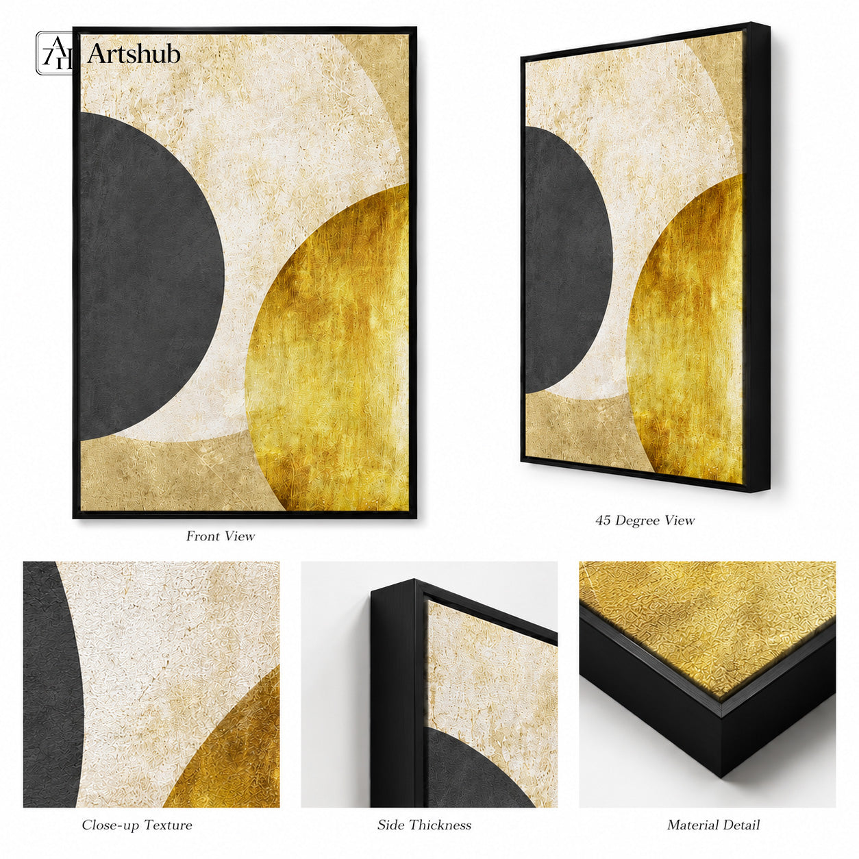 Artshub Abstract Geometric Eclipse framed canvas front view 45 degree angle close-up texture side thickness and material detail — gold black ivory matte black frame