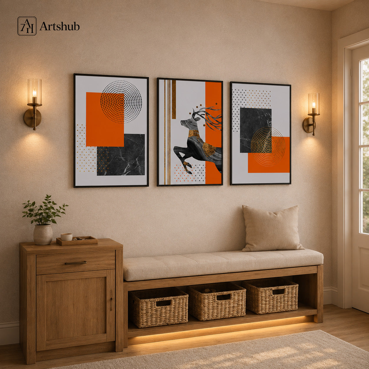 Artshub Orange Marble Deer Geometric triptych 3 panel framed canvas wall art in modern taupe living room above cream sofa with plants and lamp — orange black gold deer