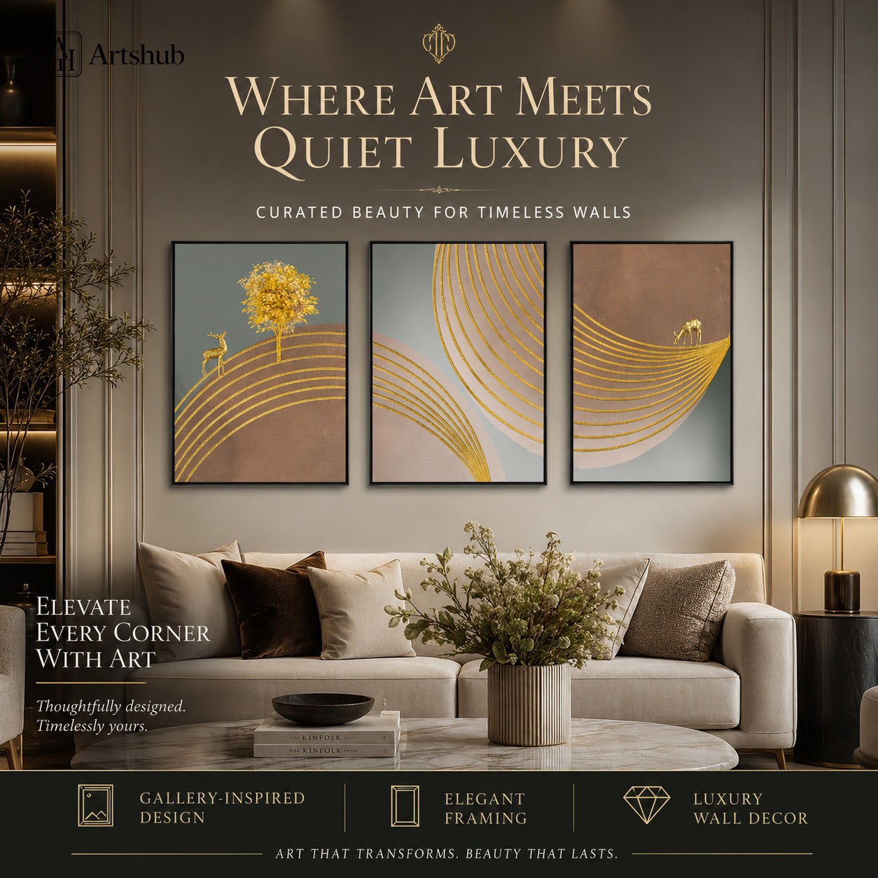 Artshub Golden Tree Deer triptych 3 panel framed canvas wall art in gold grey brown displayed in luxury living room above sofa