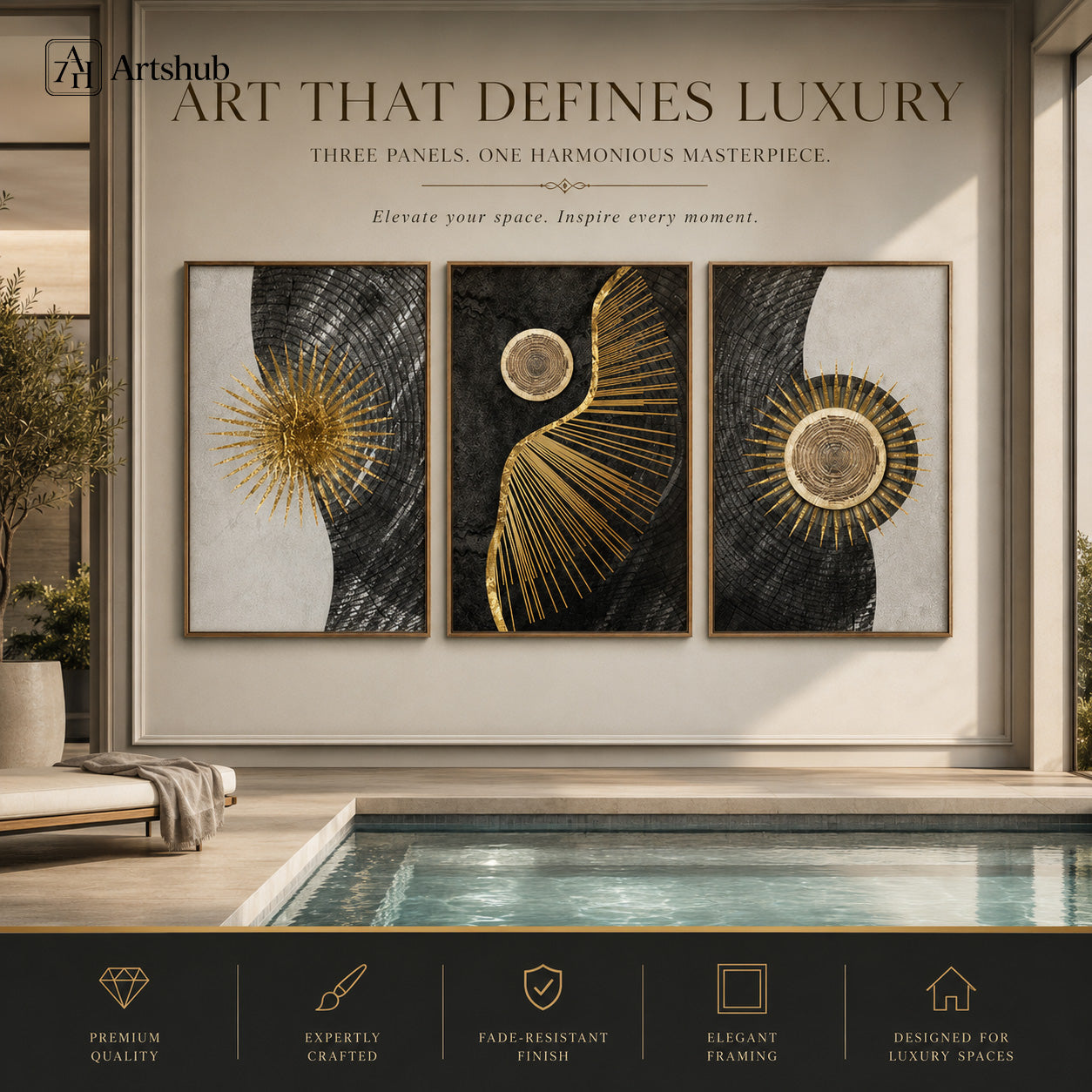Artshub Golden Sunburst Mosaic triptych 3 panel framed canvas wall art in gold black ivory displayed in warm corridor with wall sconces and floating shelf