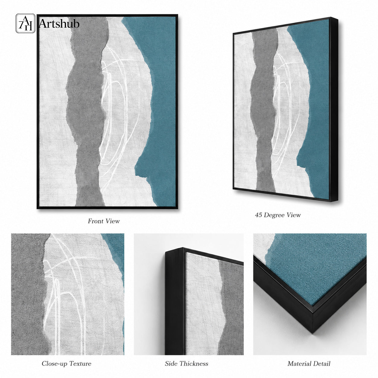 Artshub Abstract Teal Grey Amber triptych 3 panel framed canvas wall art product detail sheet — front view 45 degree close-up texture side thickness material detail teal grey white