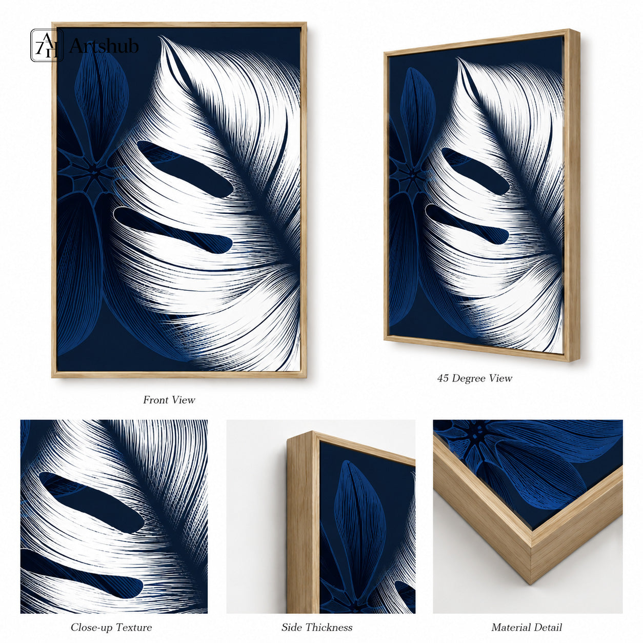 Artshub Navy Blue Monstera Leaf framed canvas front view and 45 degree angle with close-up texture side thickness and material detail — white monstera navy blue oak frame