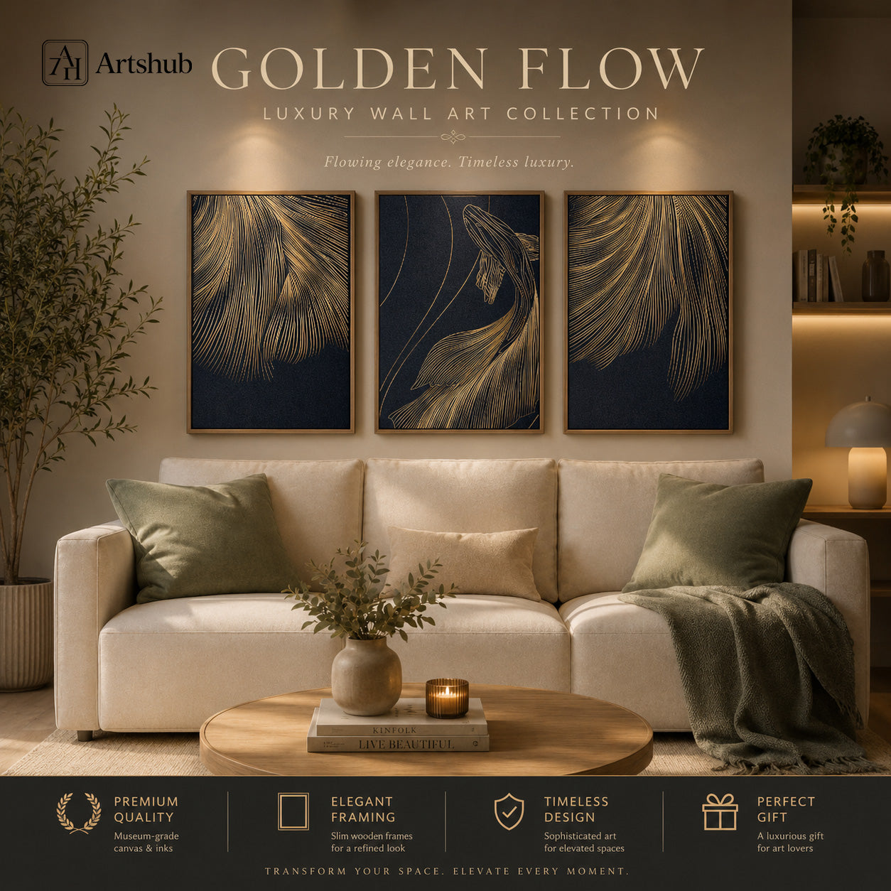 Artshub Golden Flow Navy Blue triptych 3 panel framed canvas wall art editorial banner — Golden Flow Luxury Wall Art Collection flowing elegance timeless luxury warm living room cream sofa