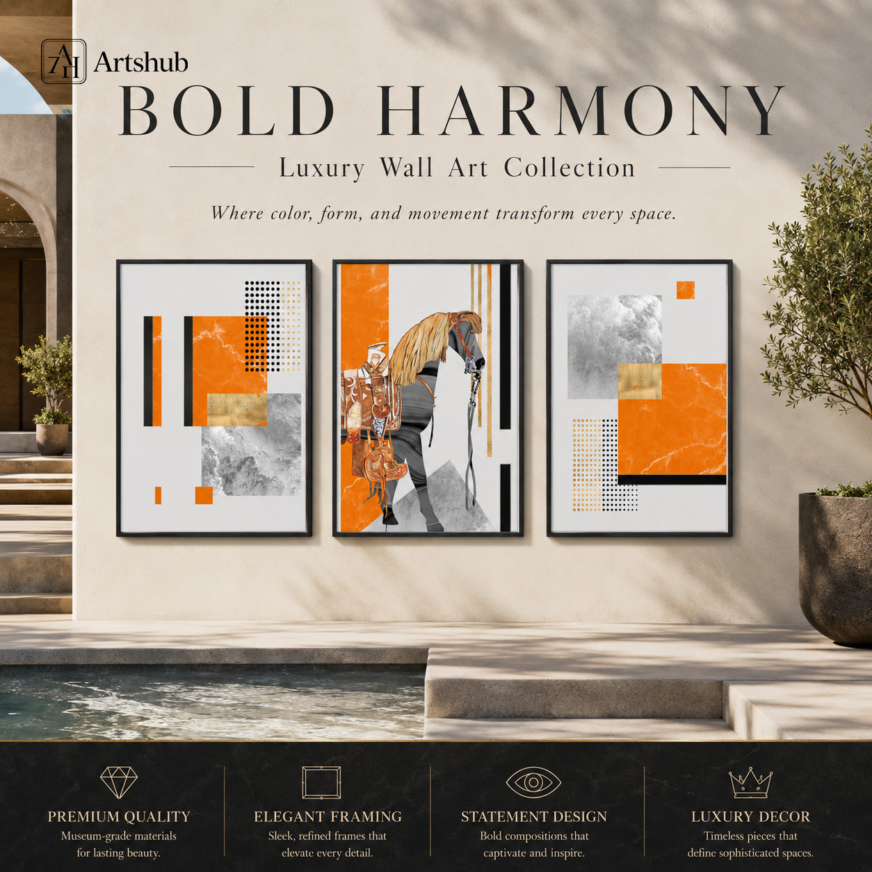 Artshub Bold Harmony Orange Horse Geometric triptych 3 panel framed canvas wall art editorial banner — Bold Harmony Luxury Wall Art Collection orange grey gold horse geometric poolside