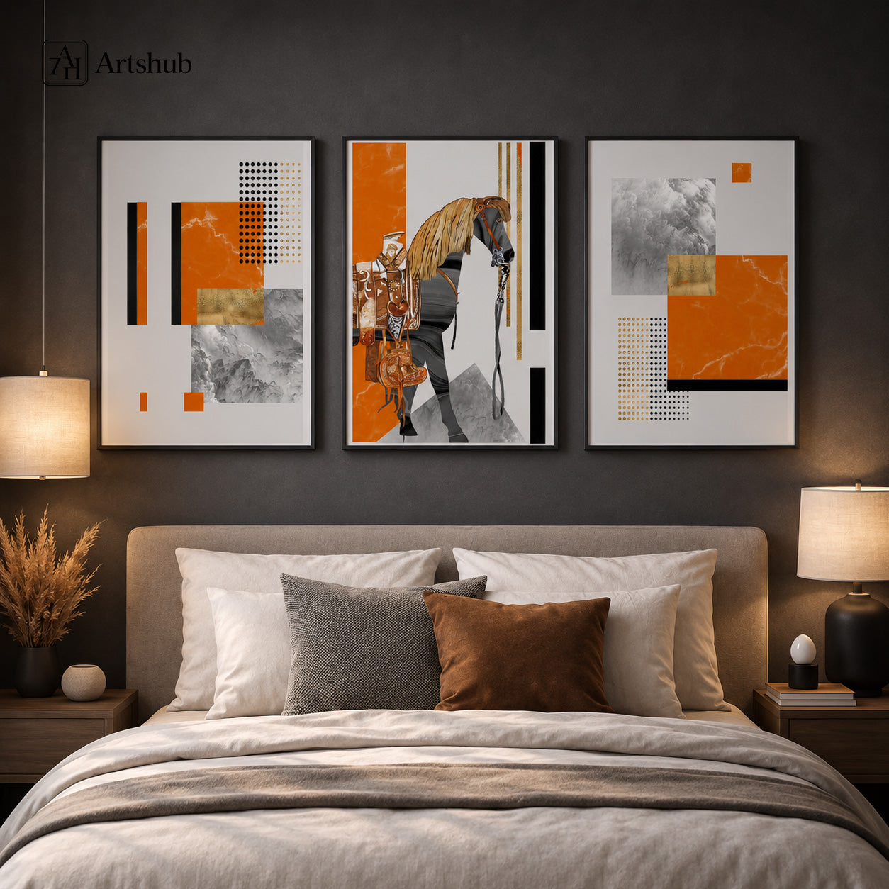 Artshub Bold Harmony Orange Horse Geometric triptych 3 panel framed canvas wall art above bed in dark luxury master bedroom with warm pendant lamps and linen bedding — orange grey gold