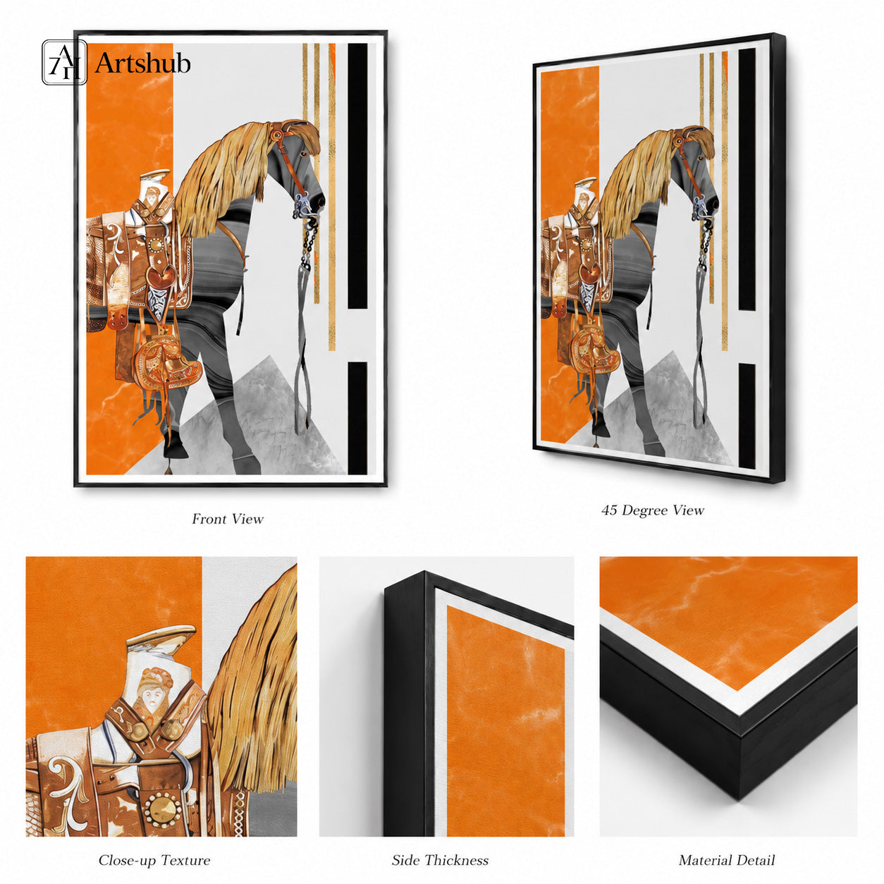 Artshub Bold Harmony Orange Horse Geometric framed canvas product detail sheet — front view 45 degree close-up texture side thickness material detail orange gold grey matte black frame
