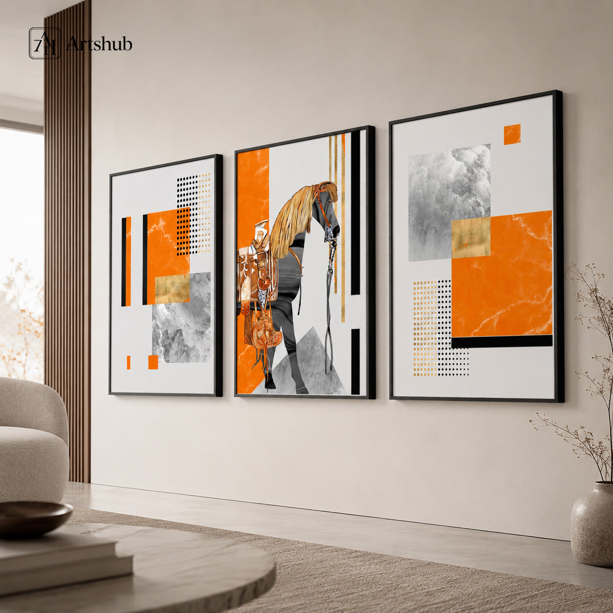 Artshub Bold Harmony Orange Horse Geometric triptych 3 panel framed canvas wall art in modern beige living room above cream sofa with dried branch vase — orange grey gold matte black frame