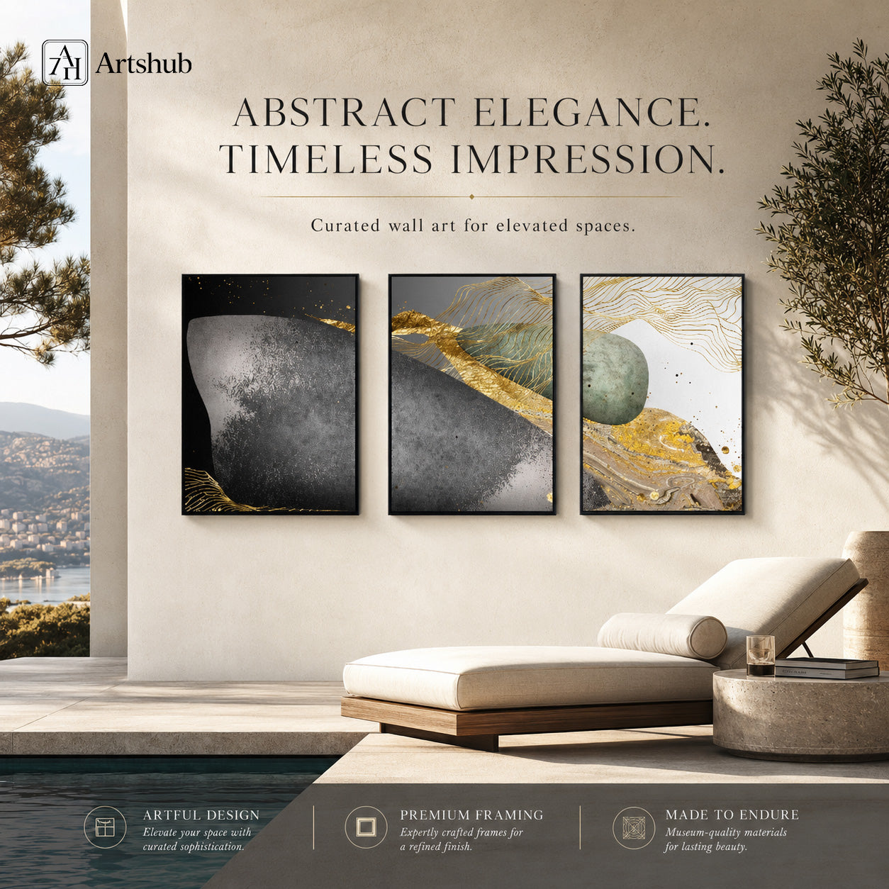 Artshub Abstract Elegance Gold Grey Jade triptych 3 panel framed canvas wall art editorial banner — Abstract Elegance Timeless Impression luxury poolside outdoor lounge gold grey jade