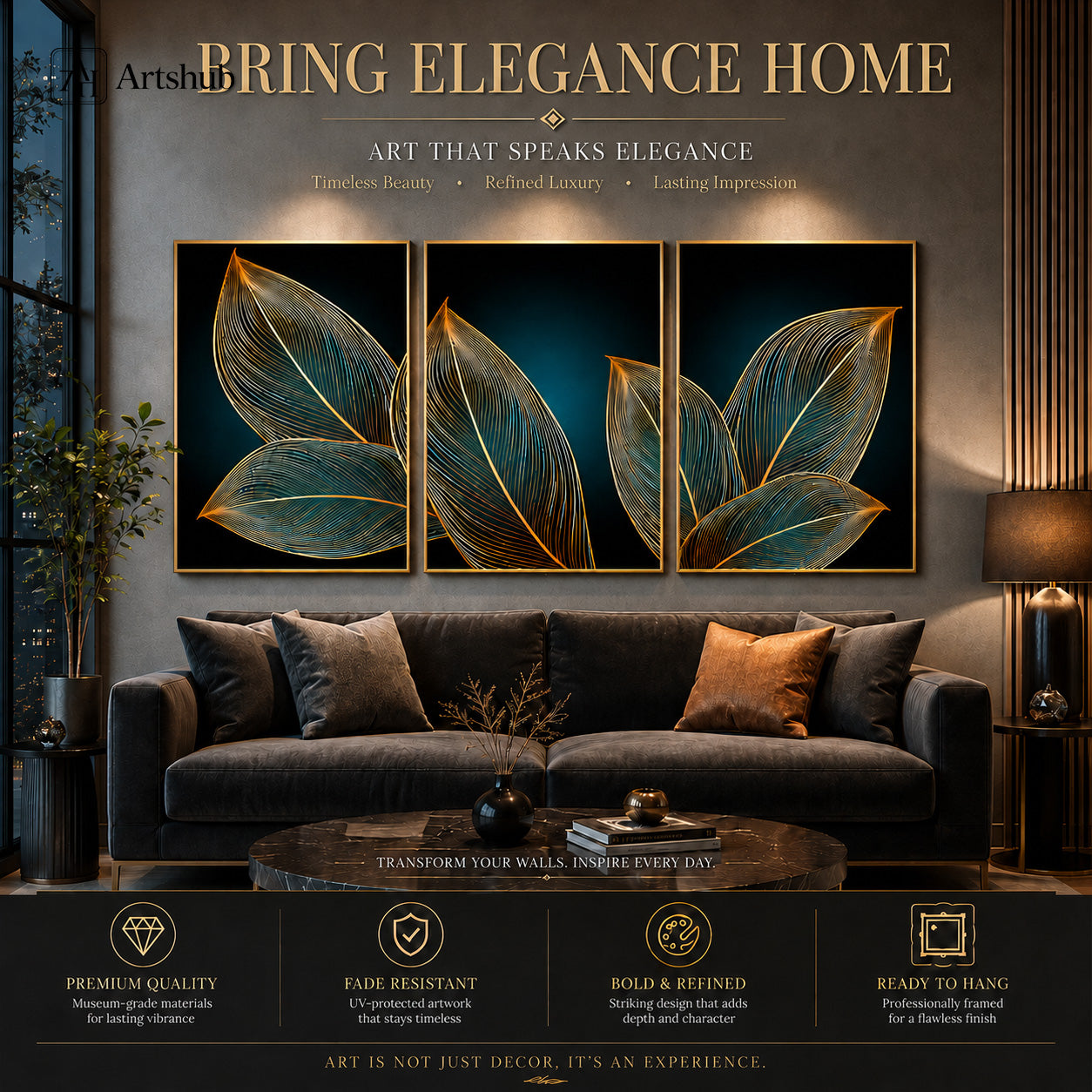 Artshub Teal Gold Fine Line Botanical Leaf triptych 3 panel framed canvas wall art in modern living room above grey sofa with walnut sideboard pink flowers — teal gold walnut frame