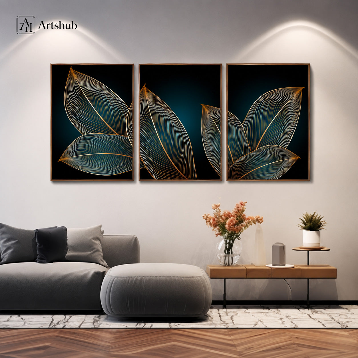 Artshub Teal Gold Fine Line Botanical Leaf triptych 3 panel framed canvas wall art on white wall — deep teal gold fine line botanical leaf walnut frame full set view