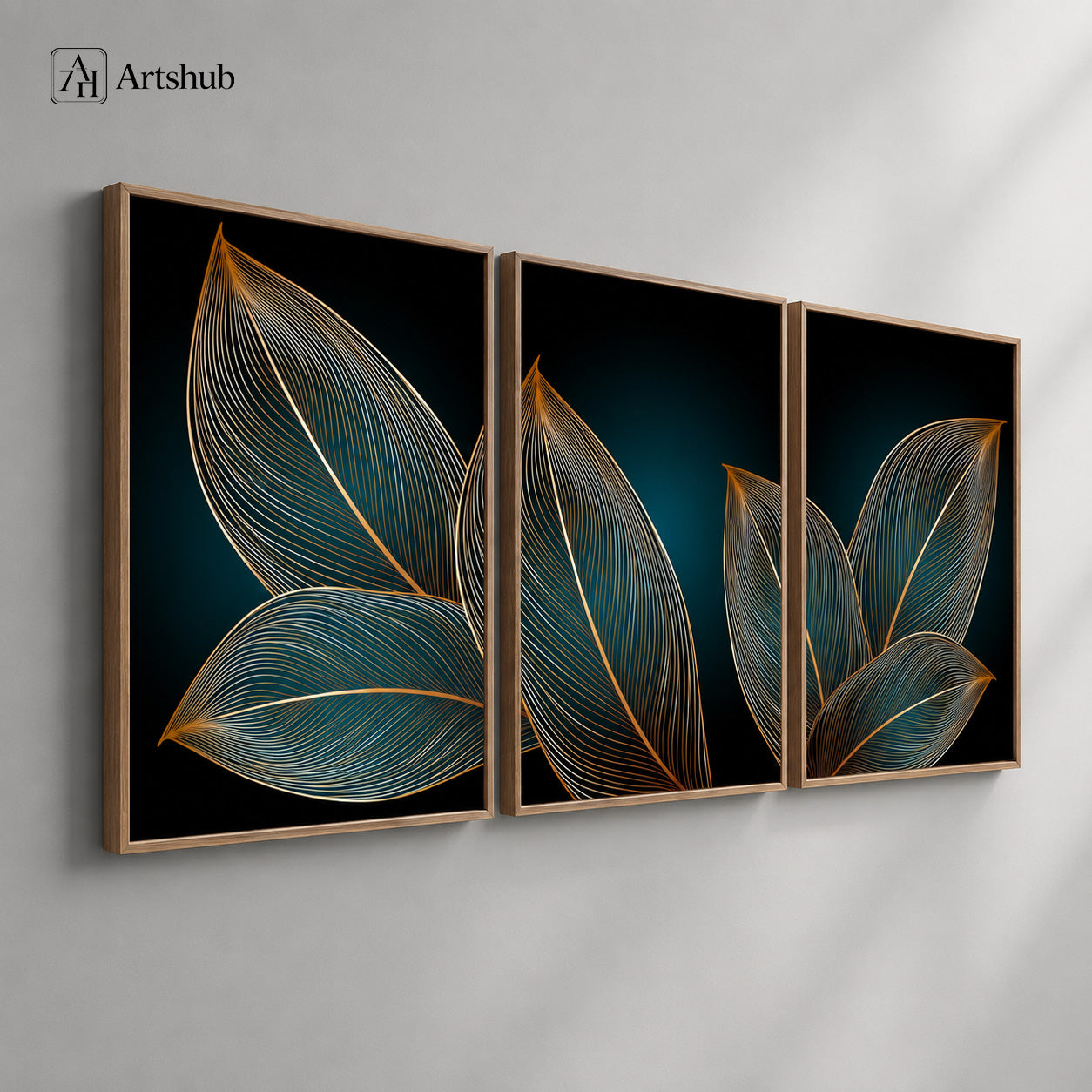 Artshub Teal Gold Fine Line Botanical Leaf framed canvas product detail sheet — front view 45 degree close-up texture side thickness material detail teal gold fine line leaf walnut frame