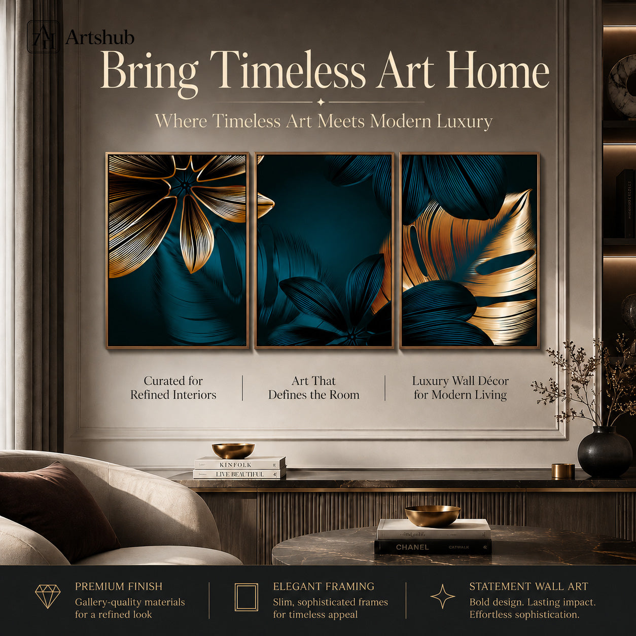 Artshub Teal Gold Tropical Botanical Leaf triptych 3 panel framed canvas wall art editorial banner — Bring Timeless Art Home Where Timeless Art Meets Modern Luxury luxury living room cream sofa