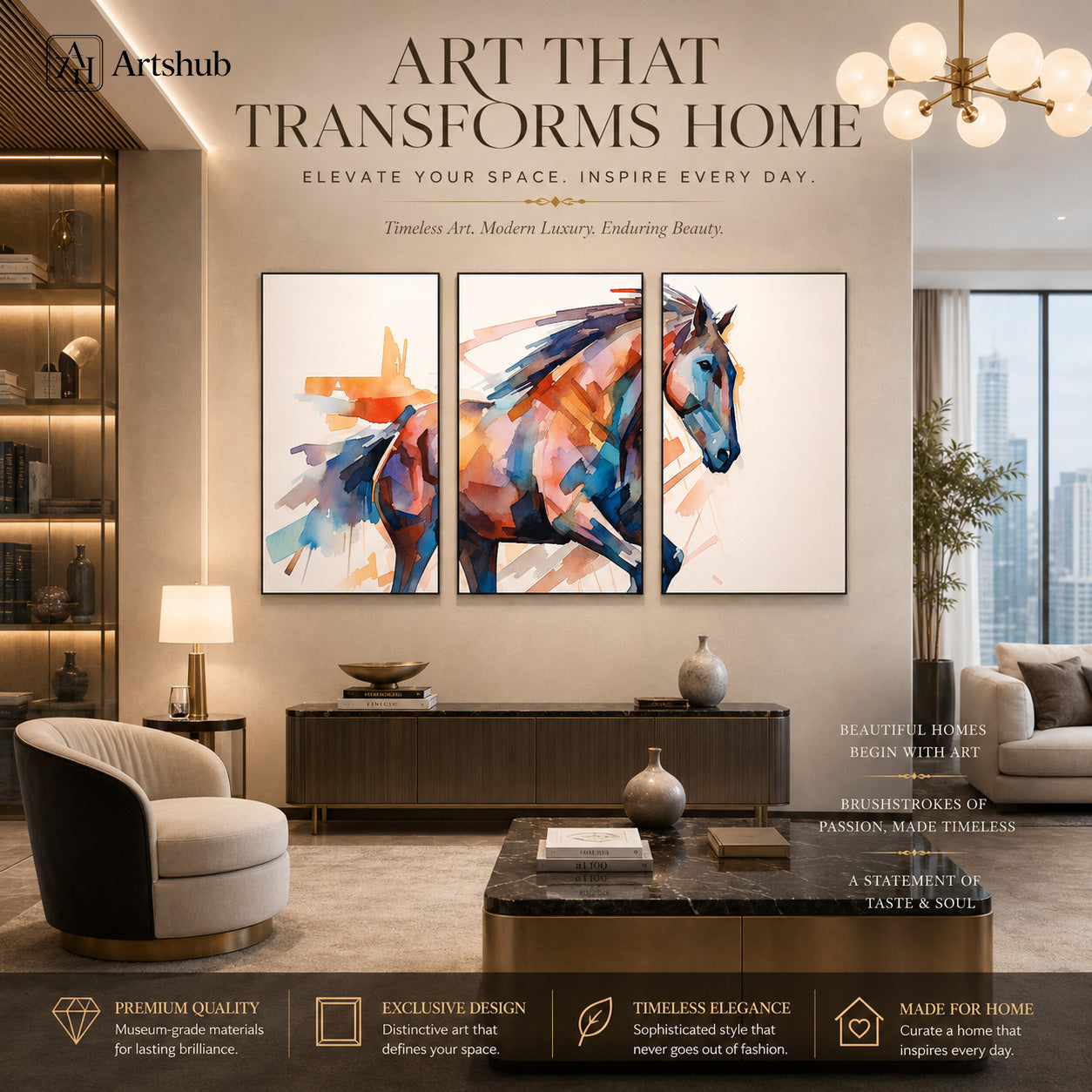 Artshub Watercolour Abstract Horse triptych 3 panel framed canvas wall art editorial banner — Art That Transforms Home Elevate Your Space luxury living room sideboard gold chandelier city view