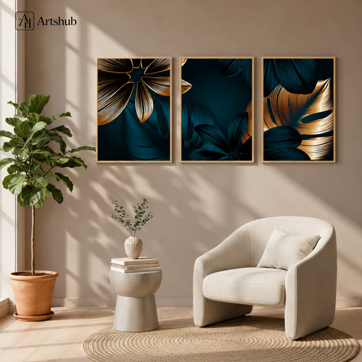 Artshub Teal Gold Tropical Botanical Leaf triptych 3 panel framed canvas wall art in warm beige living room above cream armchair with fiddle leaf fig plant and round jute rug — teal gold walnut frame