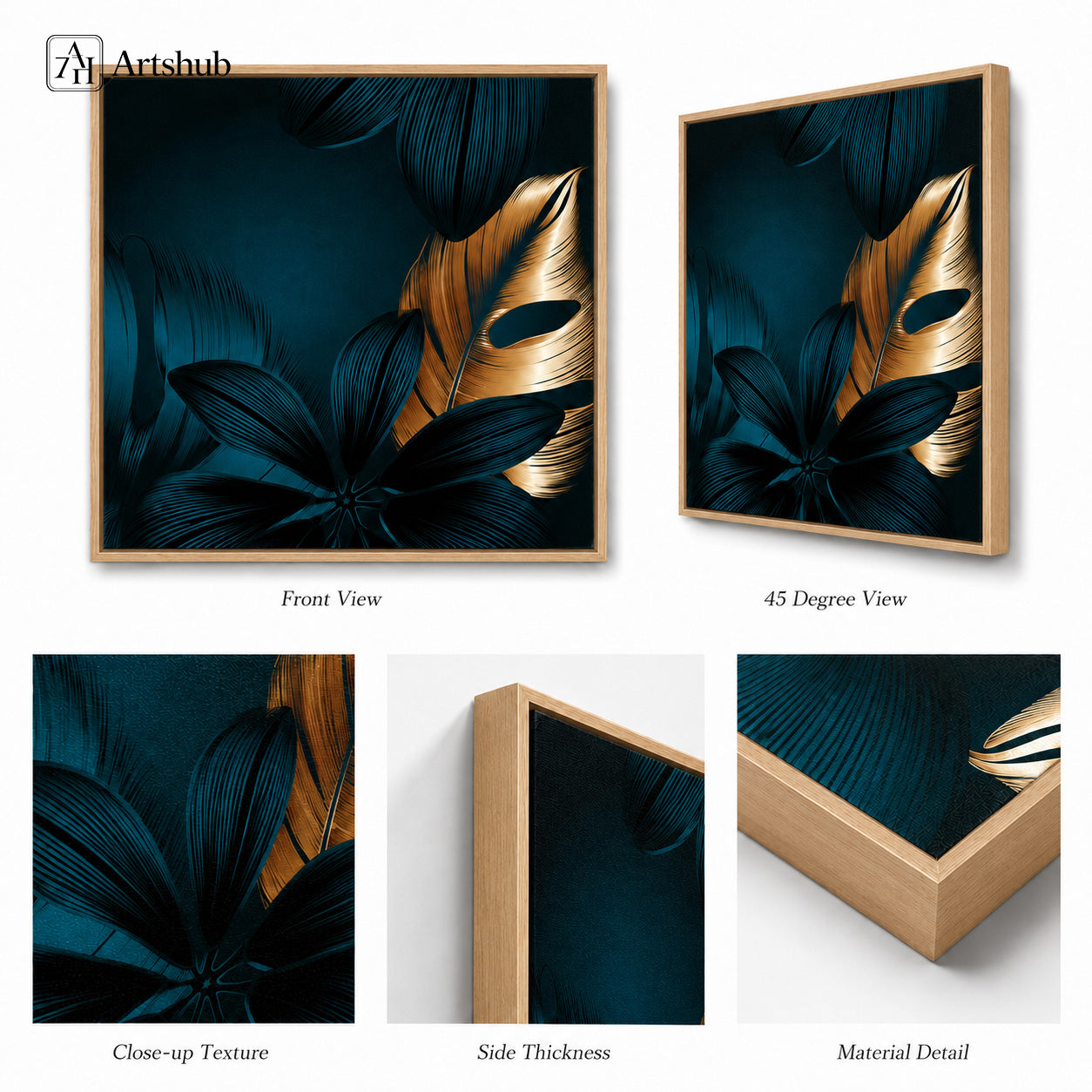 Artshub Teal Gold Tropical Botanical Leaf framed canvas product detail sheet — front view 45 degree close-up texture side thickness material detail teal gold monstera leaf walnut frame