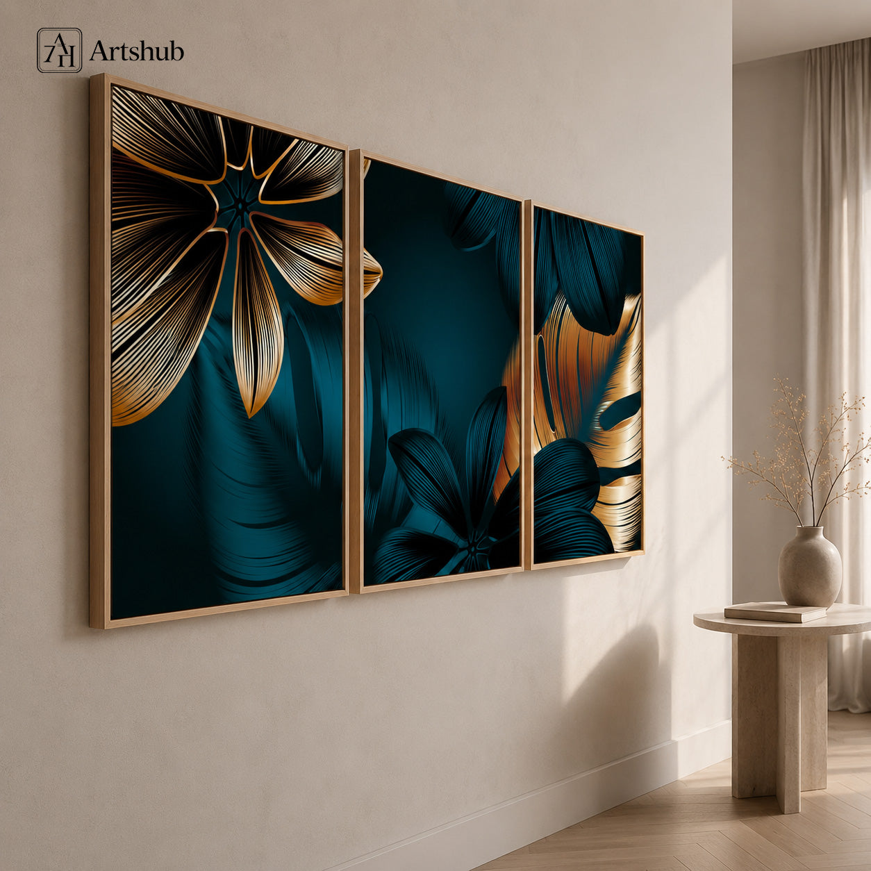 Artshub Teal Gold Tropical Botanical Leaf triptych 3 panel framed canvas wall art in bright Scandinavian entryway corridor above round side table with dried grass vase — teal gold walnut frame