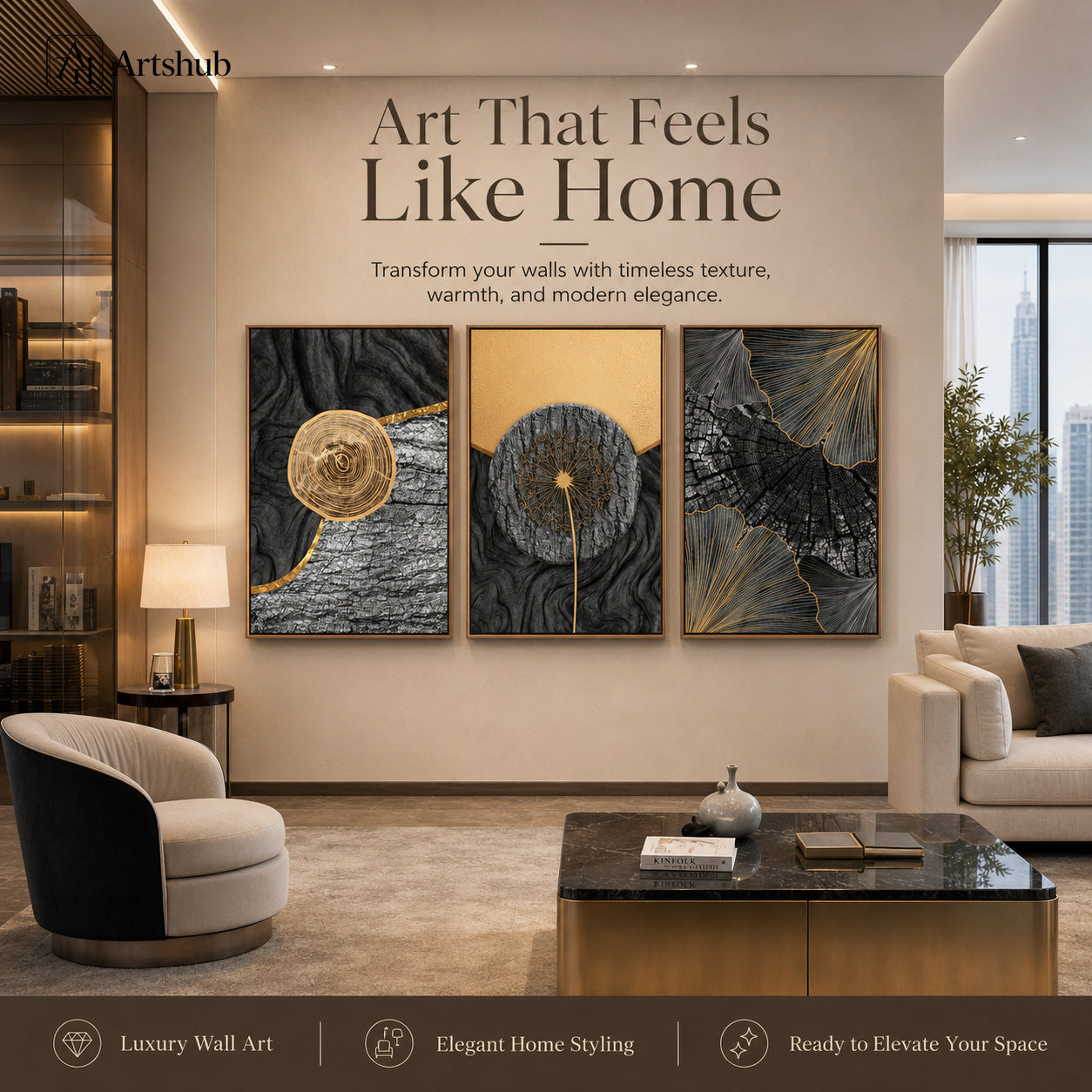 Artshub Dark Gold Textured Dandelion triptych 3 panel framed canvas wall art editorial banner — Art That Feels Like Home timeless texture warmth modern elegance luxury living room gold chandelier city view