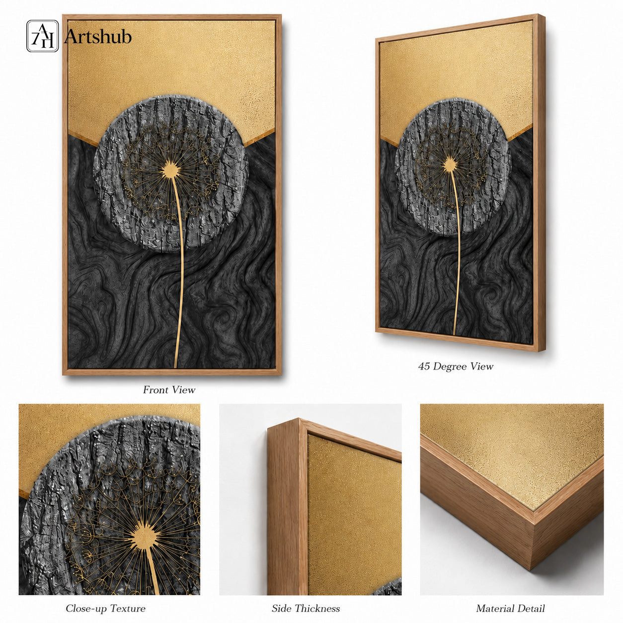 Artshub Dark Gold Textured Dandelion framed canvas product detail sheet — front view 45 degree close-up texture side thickness material detail charcoal gold dandelion walnut frame