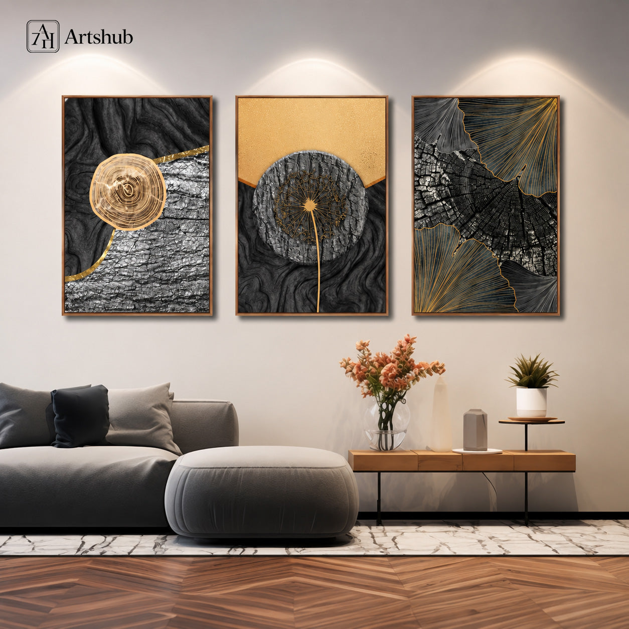 Artshub Dark Gold Textured Dandelion triptych 3 panel framed canvas wall art in modern grey living room above grey sofa with wooden console pink flowers and succulent — charcoal gold walnut frame