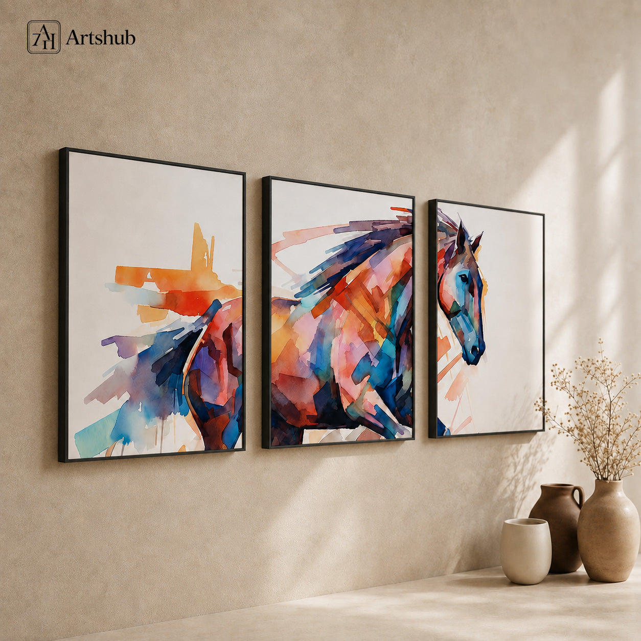 Artshub Watercolour Abstract Horse triptych 3 panel framed canvas wall art in warm Japandi living room above console with terracotta vases natural light — orange teal blue matte black frame