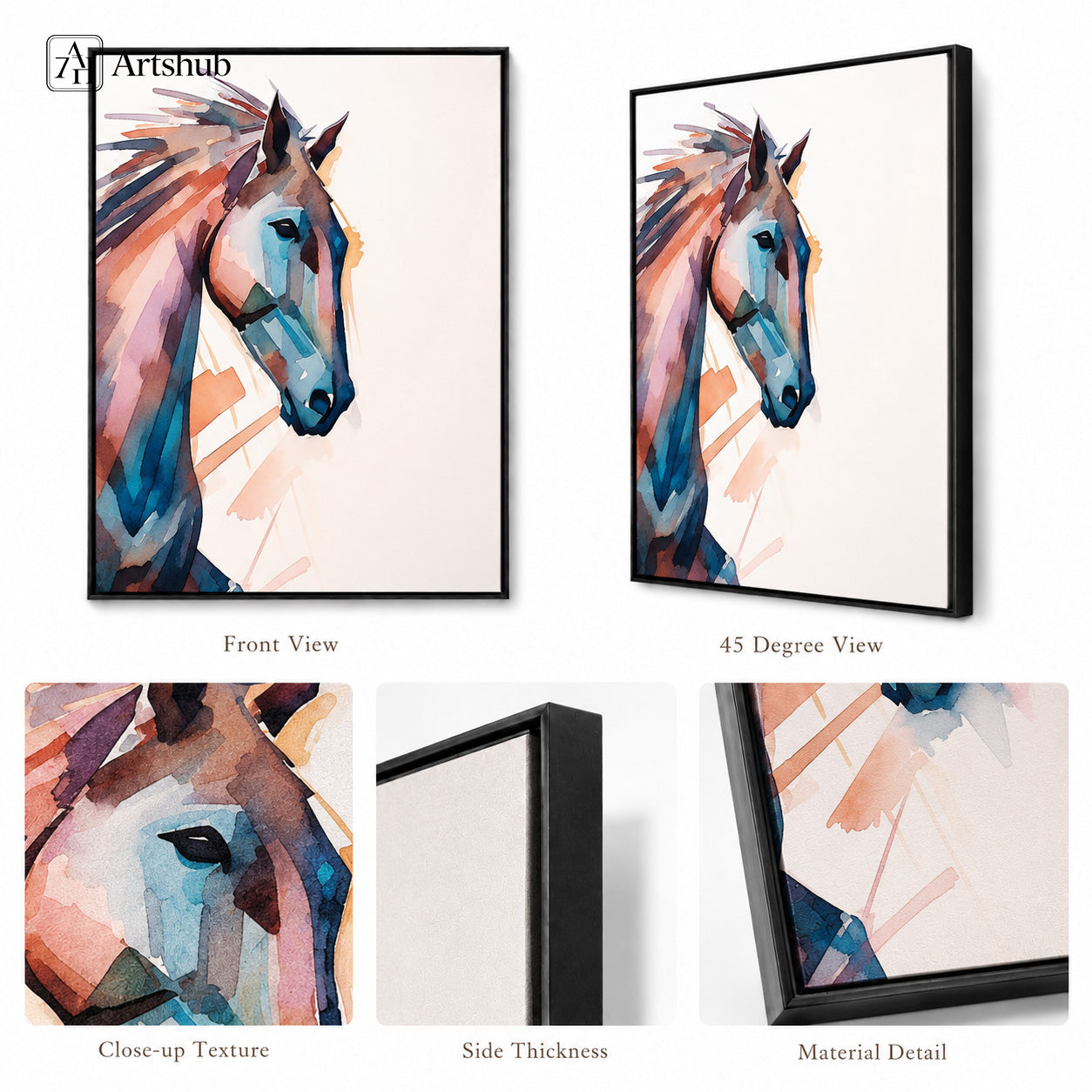 Artshub Watercolour Abstract Horse framed canvas product detail sheet — front view 45 degree close-up texture side thickness material detail orange teal blue horse matte black frame