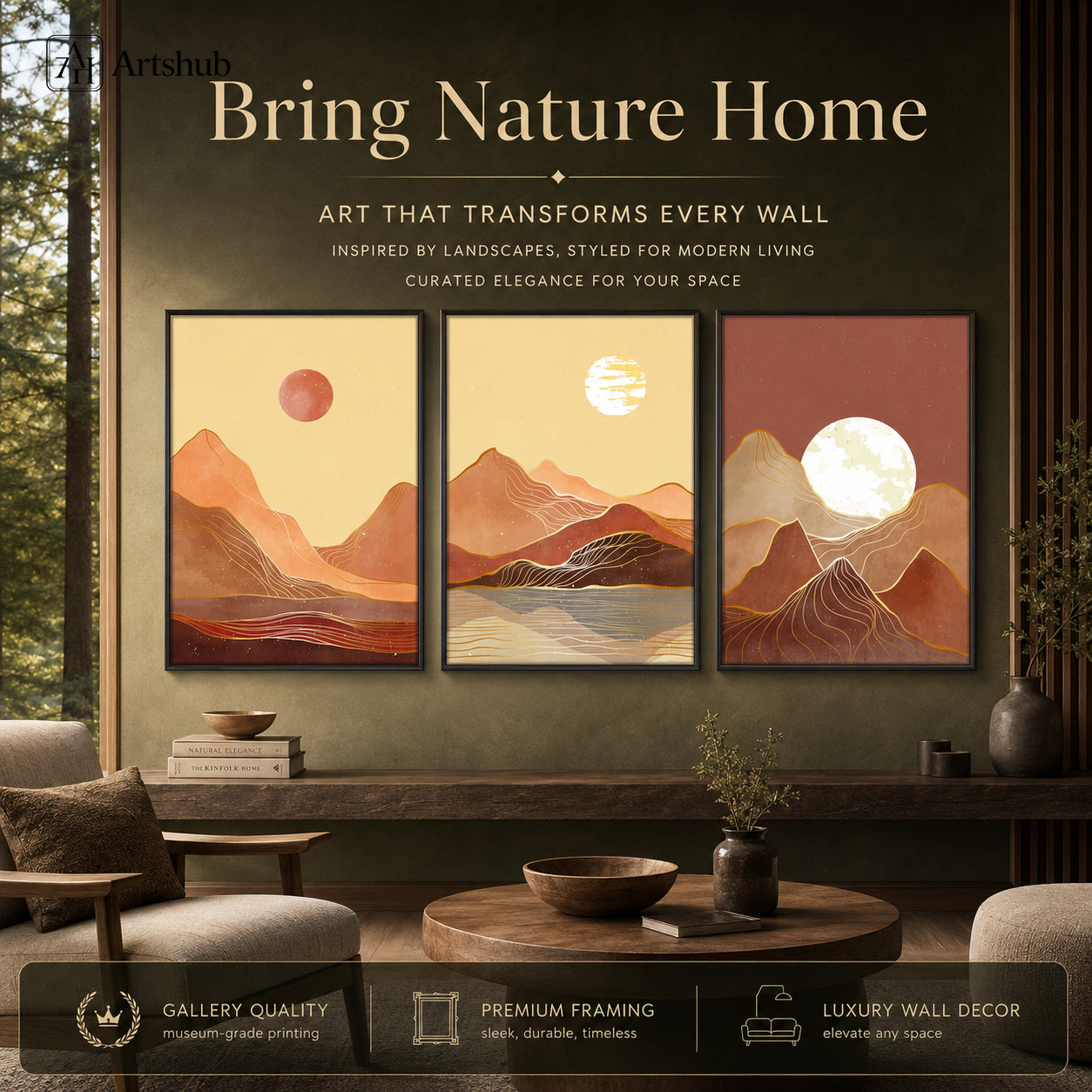 Artshub Terracotta Mountain Sunset Gold Line triptych 3 panel framed canvas wall art editorial banner — Bring Nature Home Art That Transforms Every Wall luxury dark living room wooden console dried grass vases