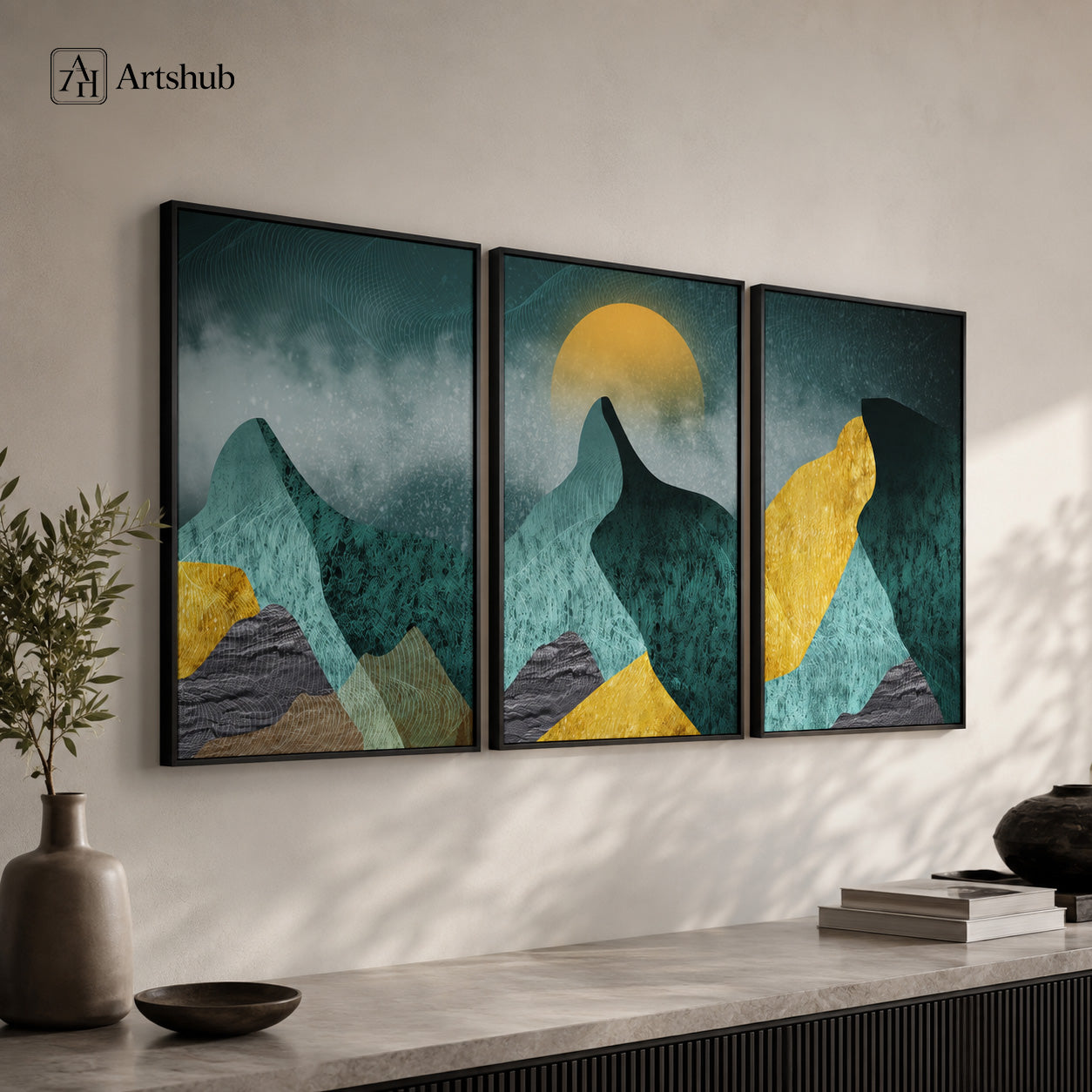 Artshub Teal Amber Gold Mountain Sunrise framed canvas product detail sheet — front view 45 degree close-up texture side thickness material detail teal amber gold mountain matte black frame
