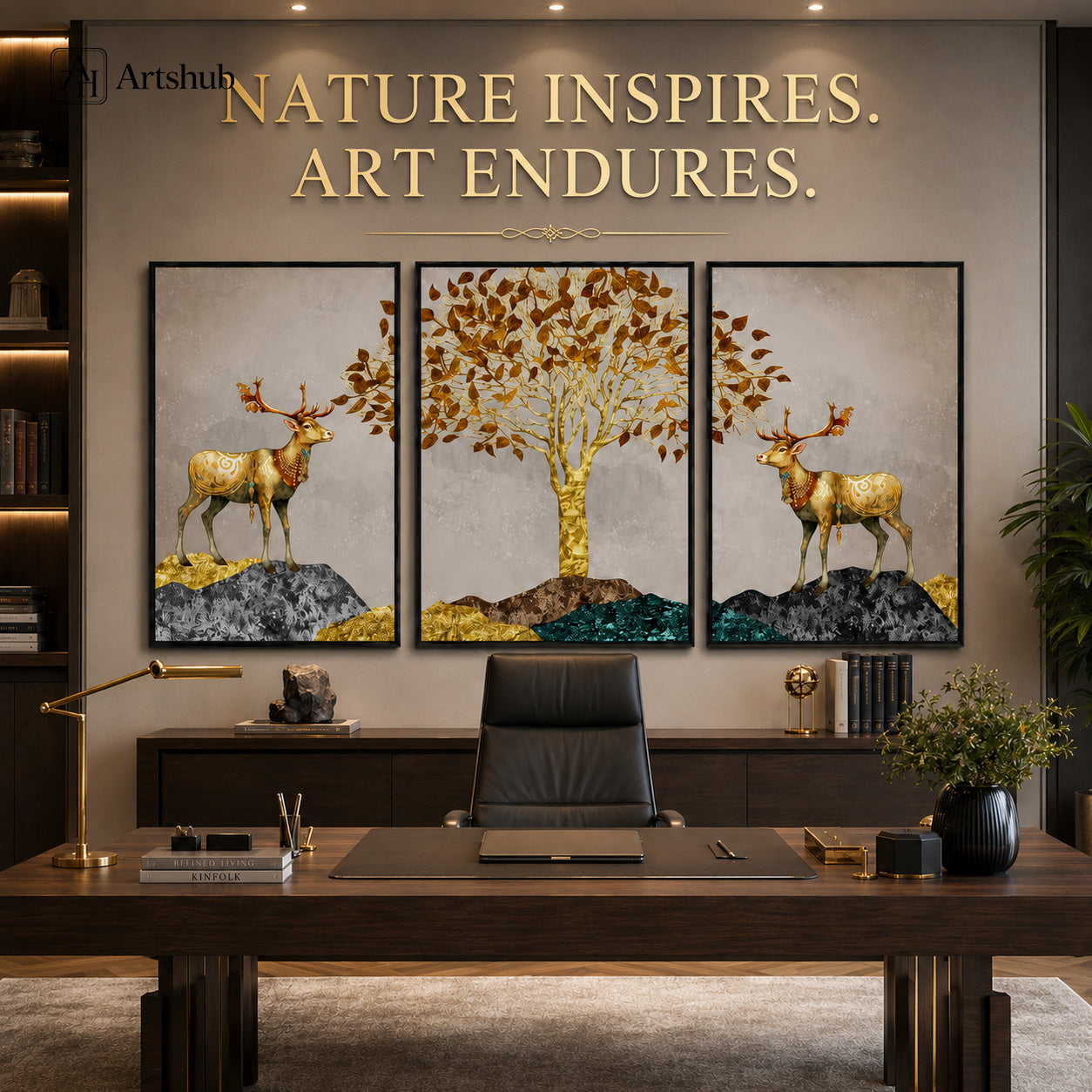 Artshub Golden Deer Amber Leaf Tree triptych 3 panel framed canvas wall art editorial banner — Nature Inspires Art Endures luxury dark home office walnut desk leather chair gold lamp bookshelf