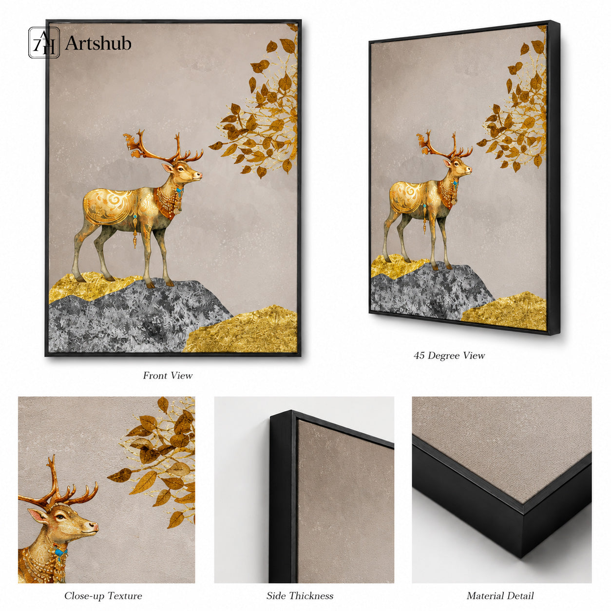 Artshub Golden Deer Amber Leaf Tree framed canvas product detail sheet — front view 45 degree close-up texture side thickness material detail golden deer amber leaf teal gold matte black frame