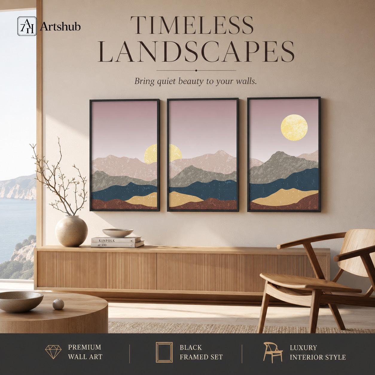 Artshub Timeless Landscapes Dusty Rose Teal Gold Mountain Moonrise triptych 3 panel framed canvas wall art editorial banner — Timeless Landscapes Bring Quiet Beauty to Your Walls Japandi living room walnut sideboard ceramic vase